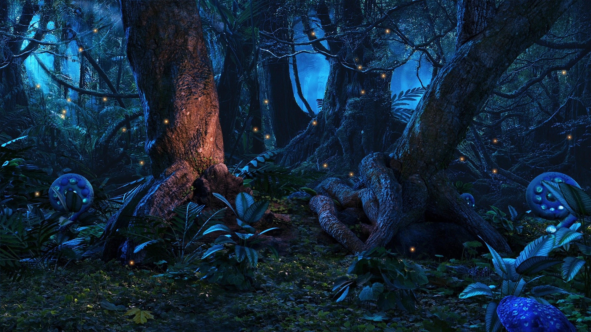 Fantasy forest with glowing lights and strange plants HD Wallpaper