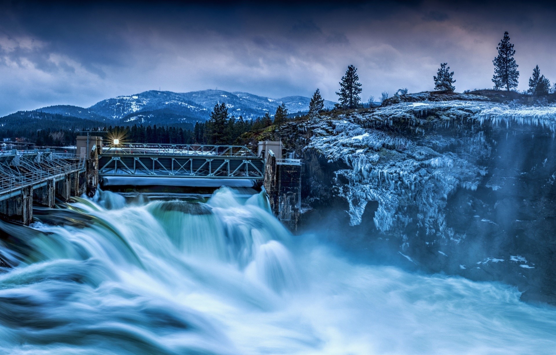 Long exposure of a dam and waterfall in winter HD Wallpaper