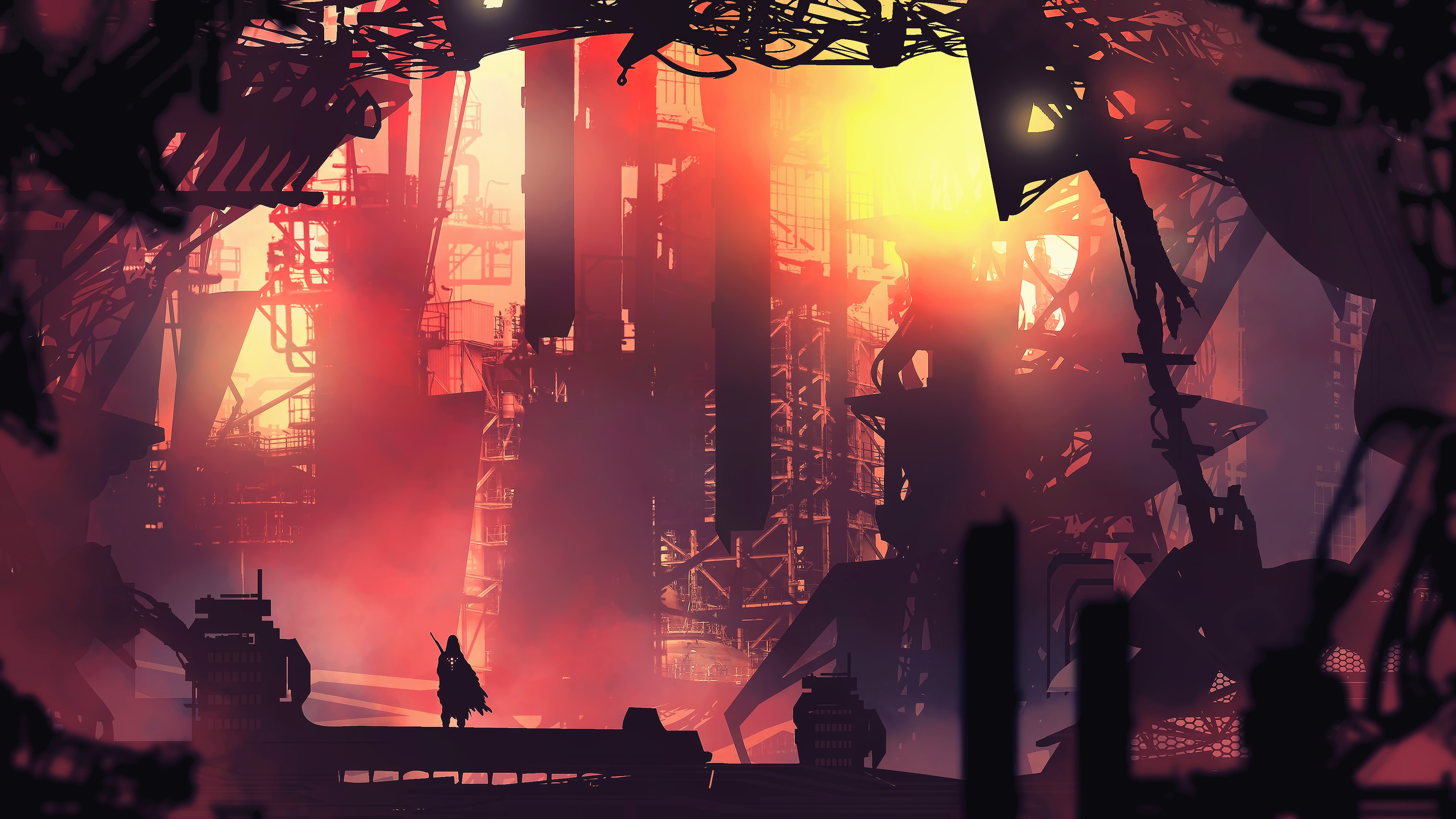 Futuristic industrial landscape with a lone figure HD Wallpaper