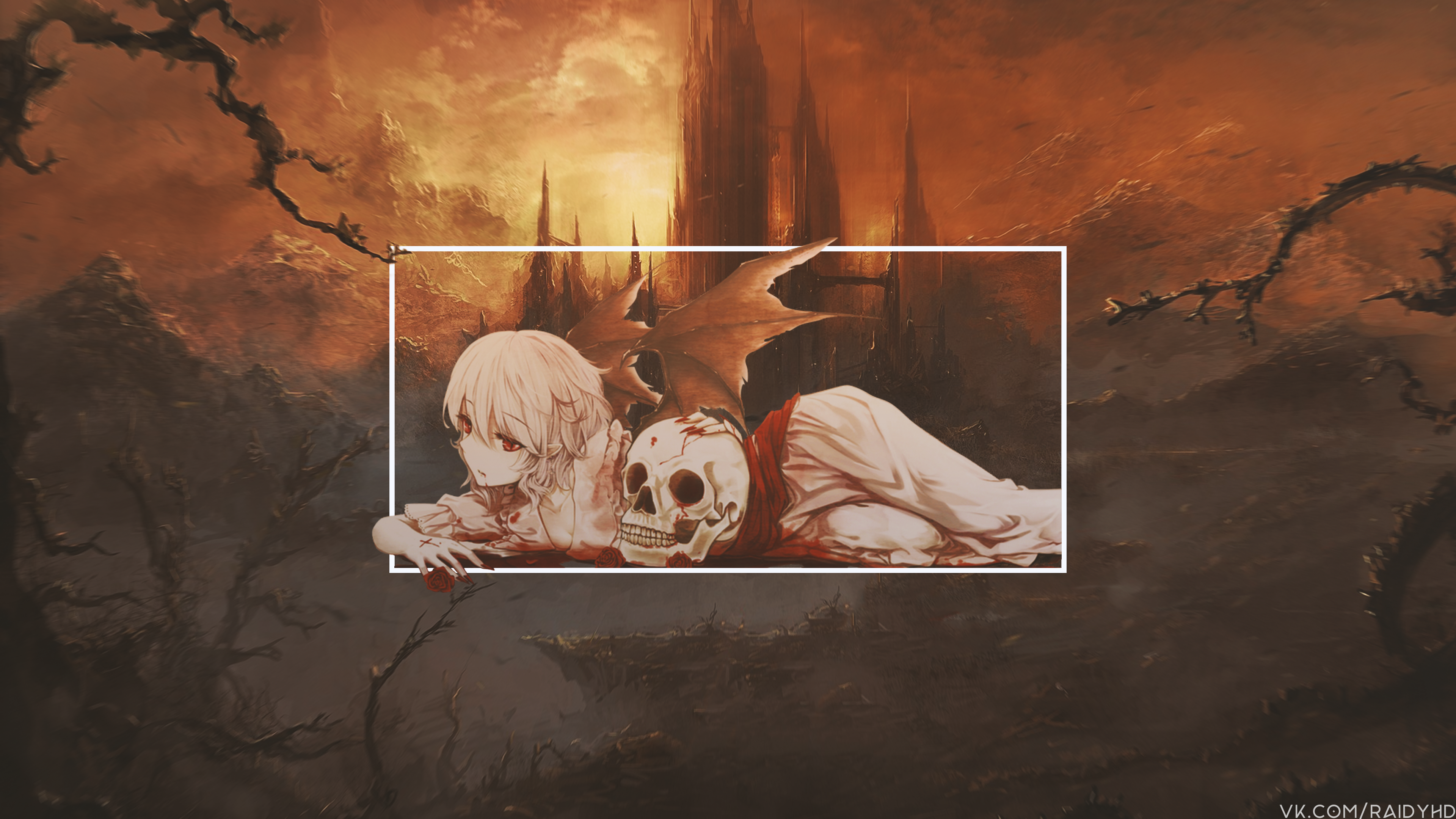 Anime girl with skull in dark fantasy landscape HD Wallpaper
