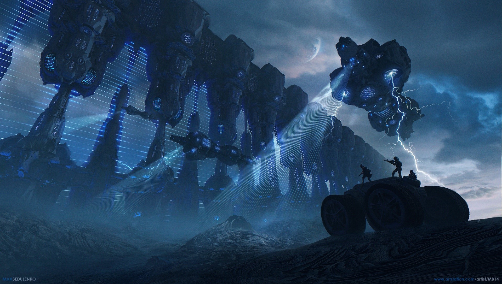 Futuristic alien structures with lightning strikes HD Wallpaper