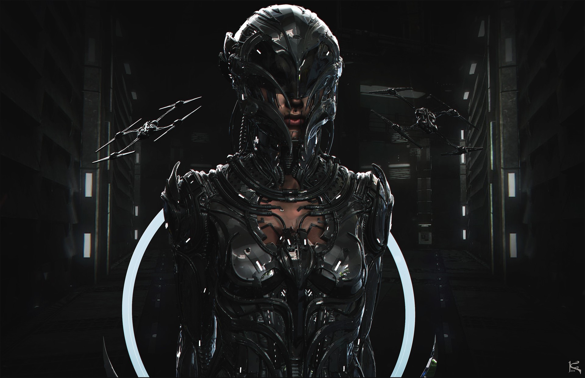 Cyborg woman in futuristic armor with drones HD Wallpaper