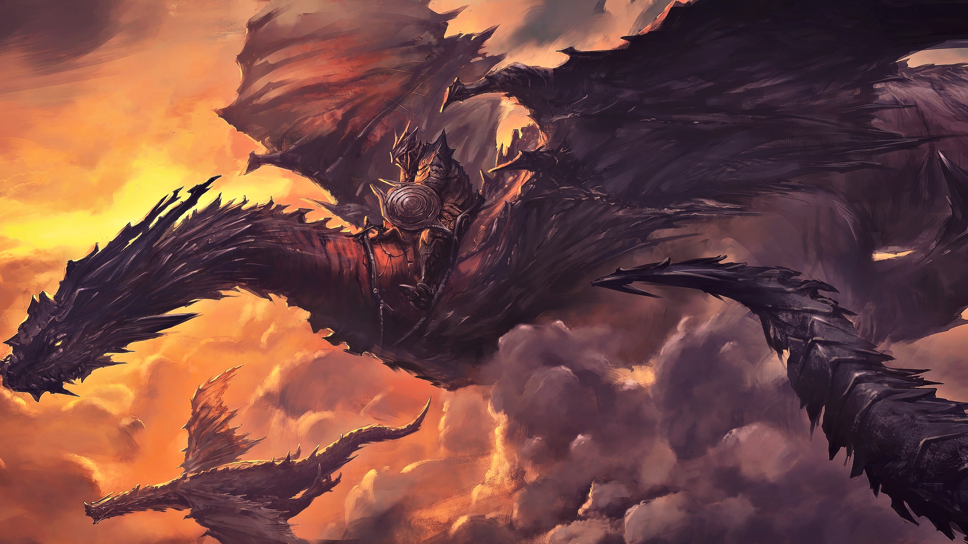 Fantasy art of dragons and a rider in the sky HD Wallpaper