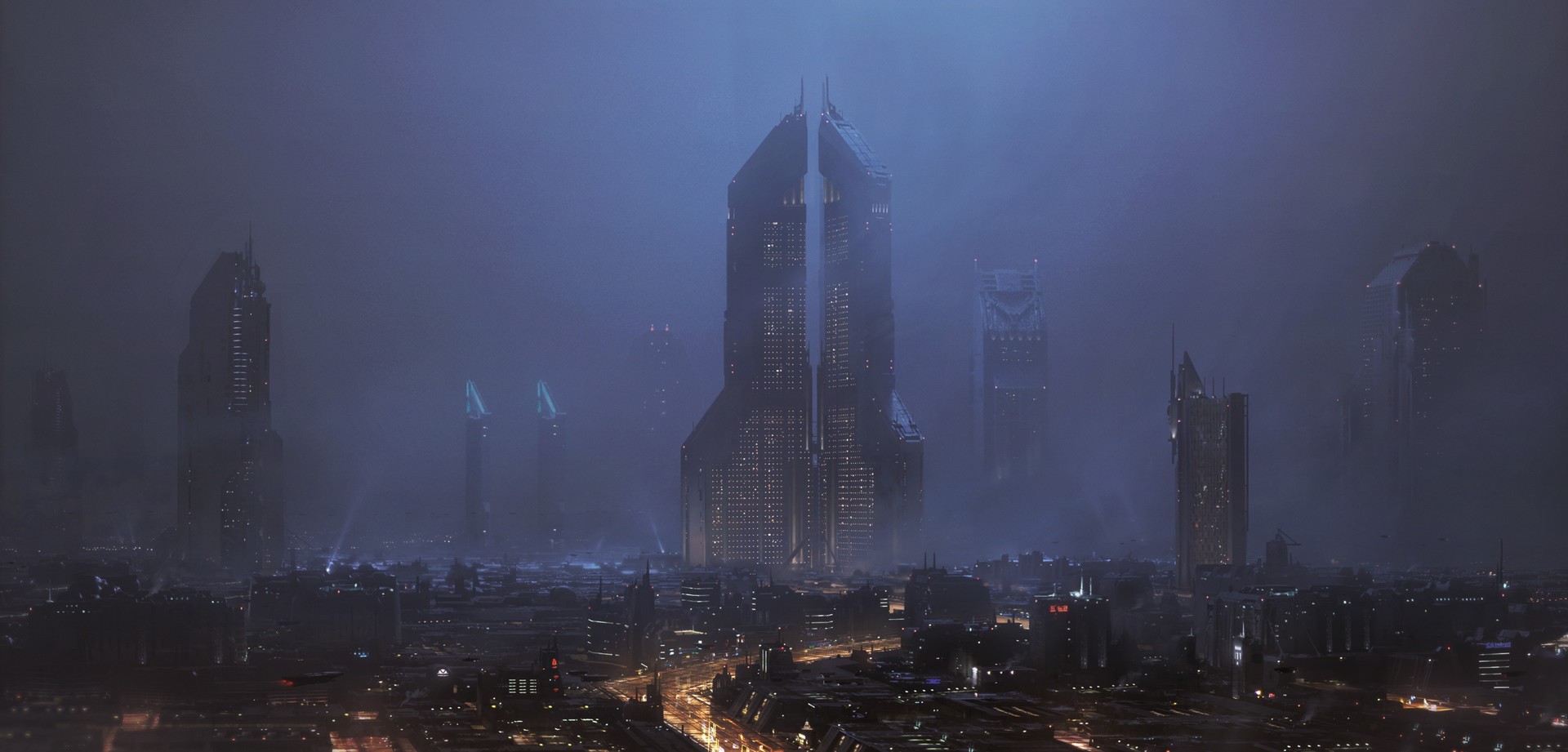 Futuristic city skyline at night with tall skyscrapers HD Wallpaper