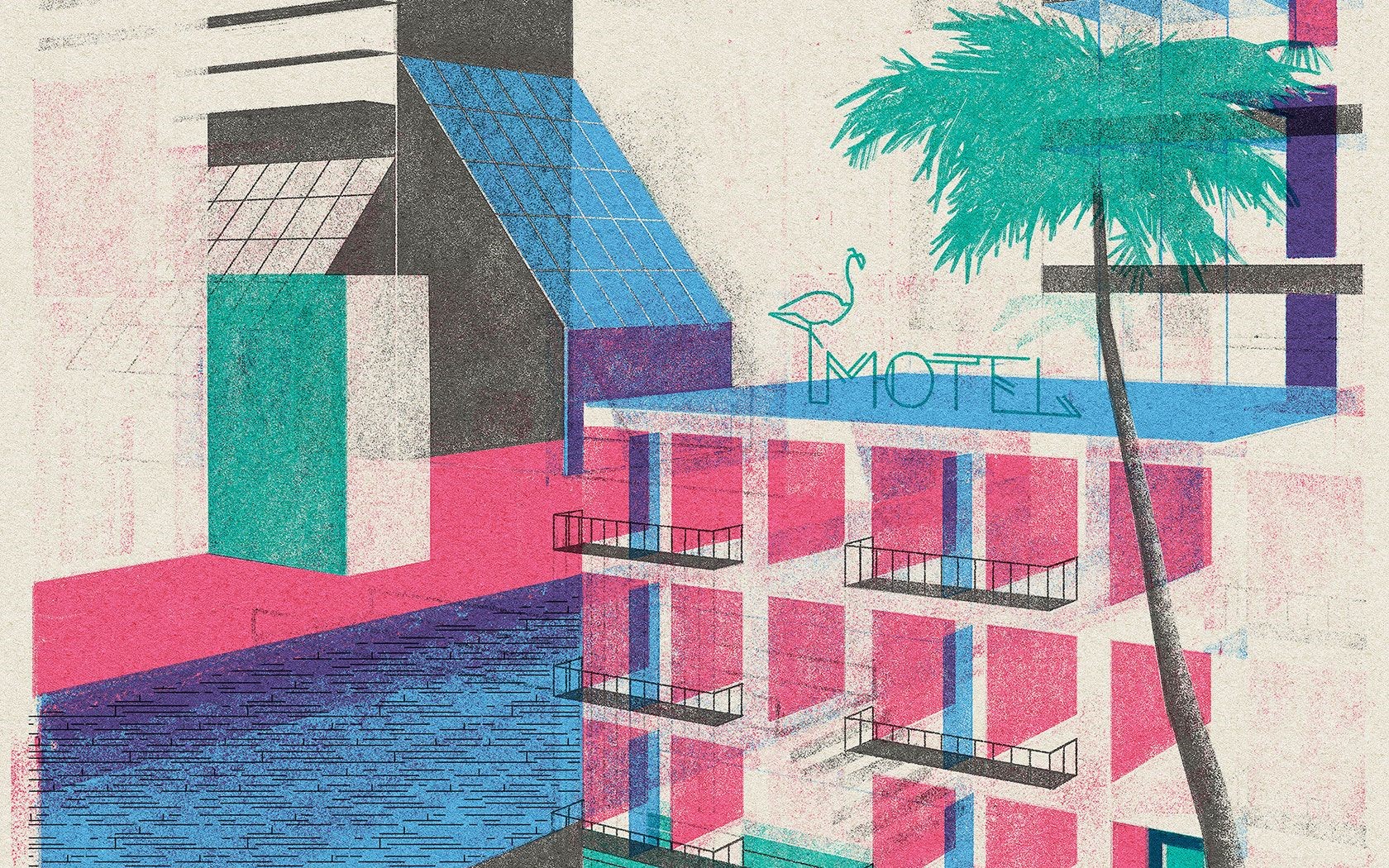 Motel with flamingo sign and palm tree HD Wallpaper