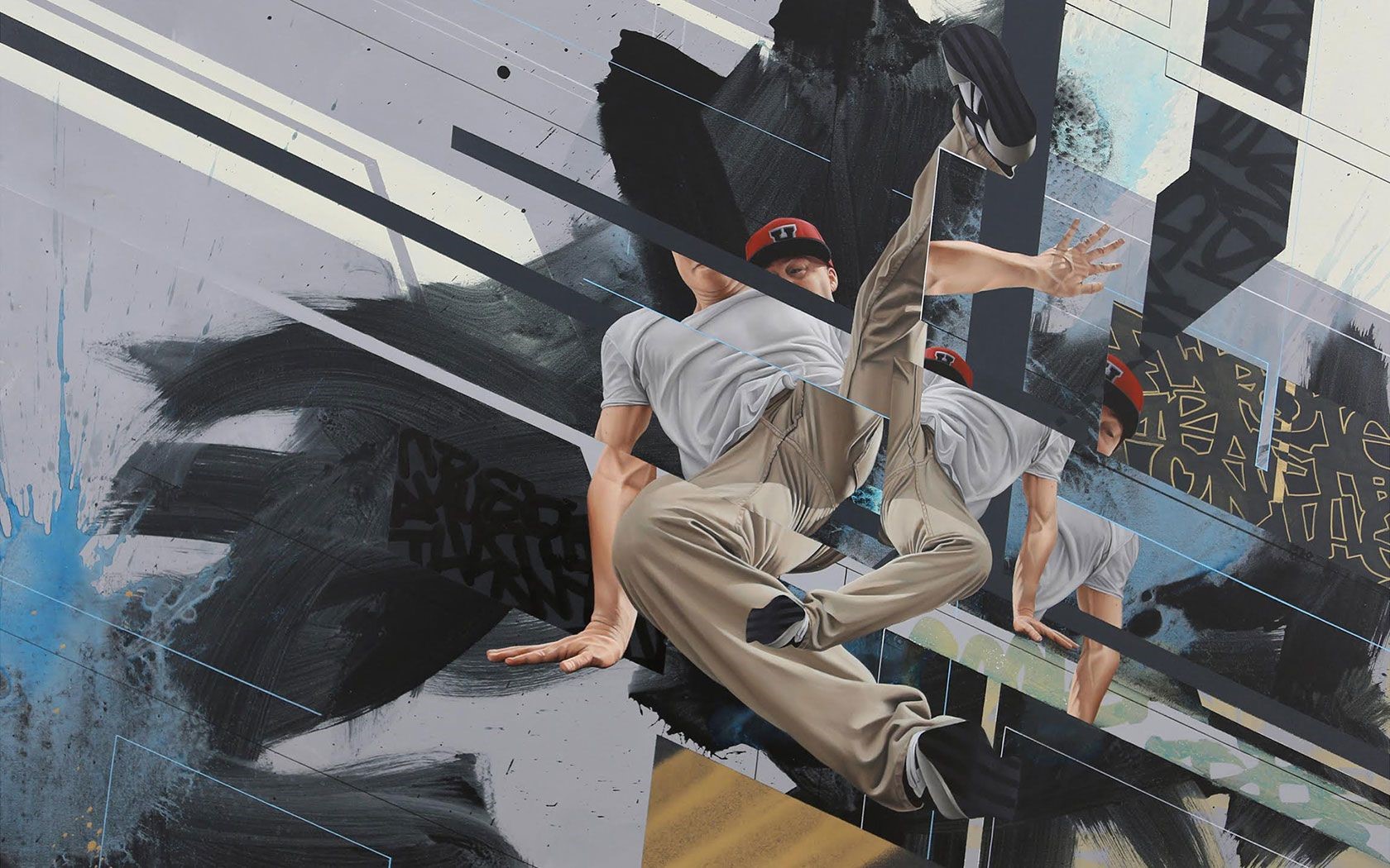Painting of a breakdancer in motion with abstract background HD Wallpaper