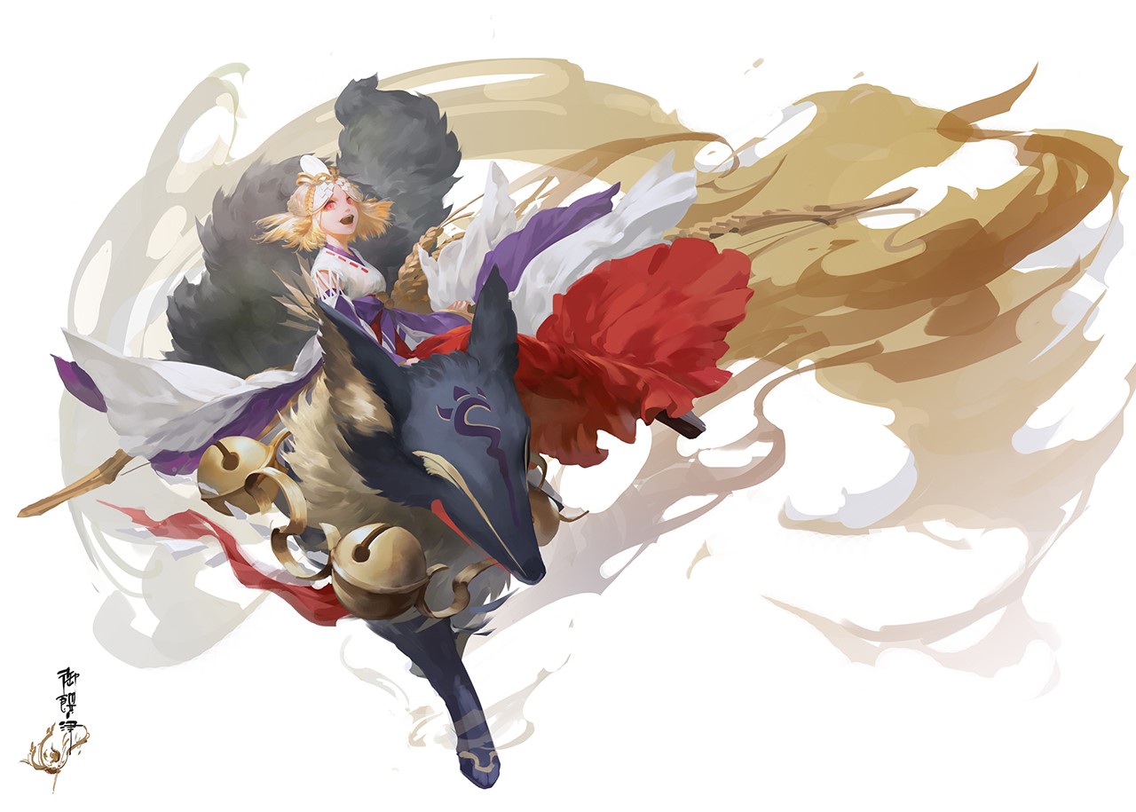 Anime girl riding a fox spirit HD Wallpaper