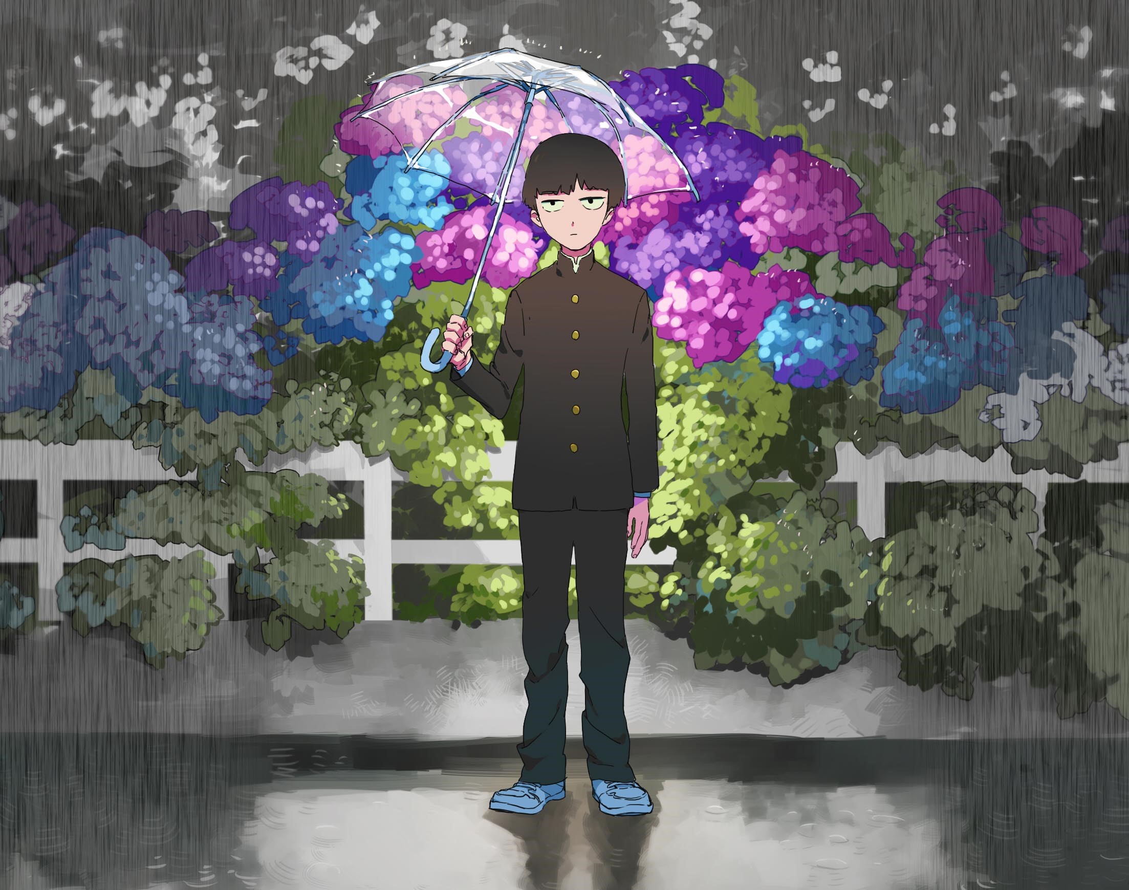 Shigeo Kageyama from Mob Psycho 100 holding an umbrella in the rain HD Wallpaper