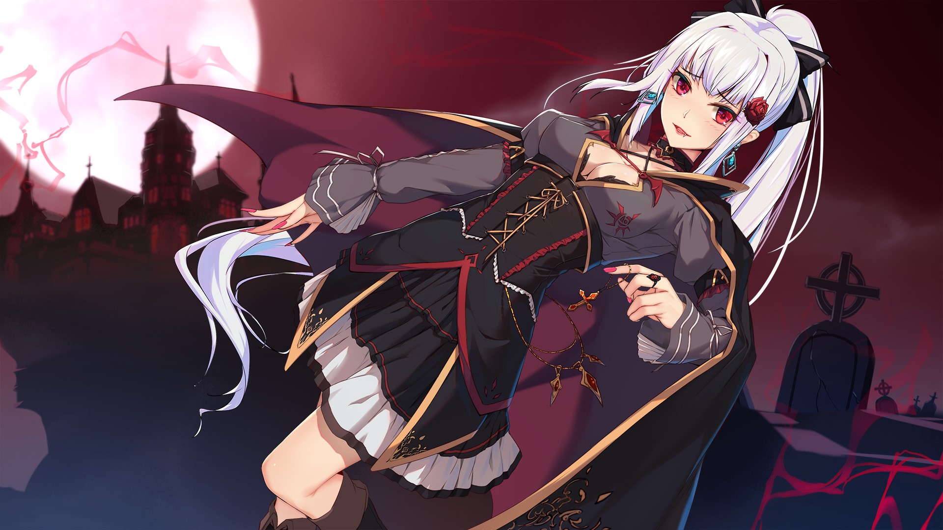 Anime girl with white hair and red eyes in a gothic dress HD Wallpaper
