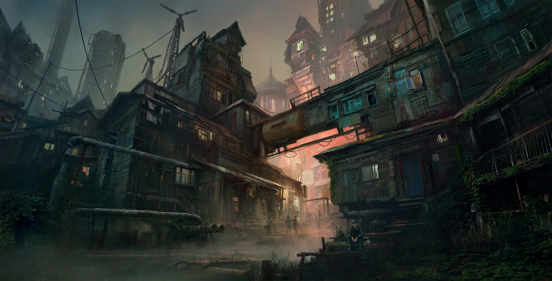Concept art of a dystopian city with people HD Wallpaper
