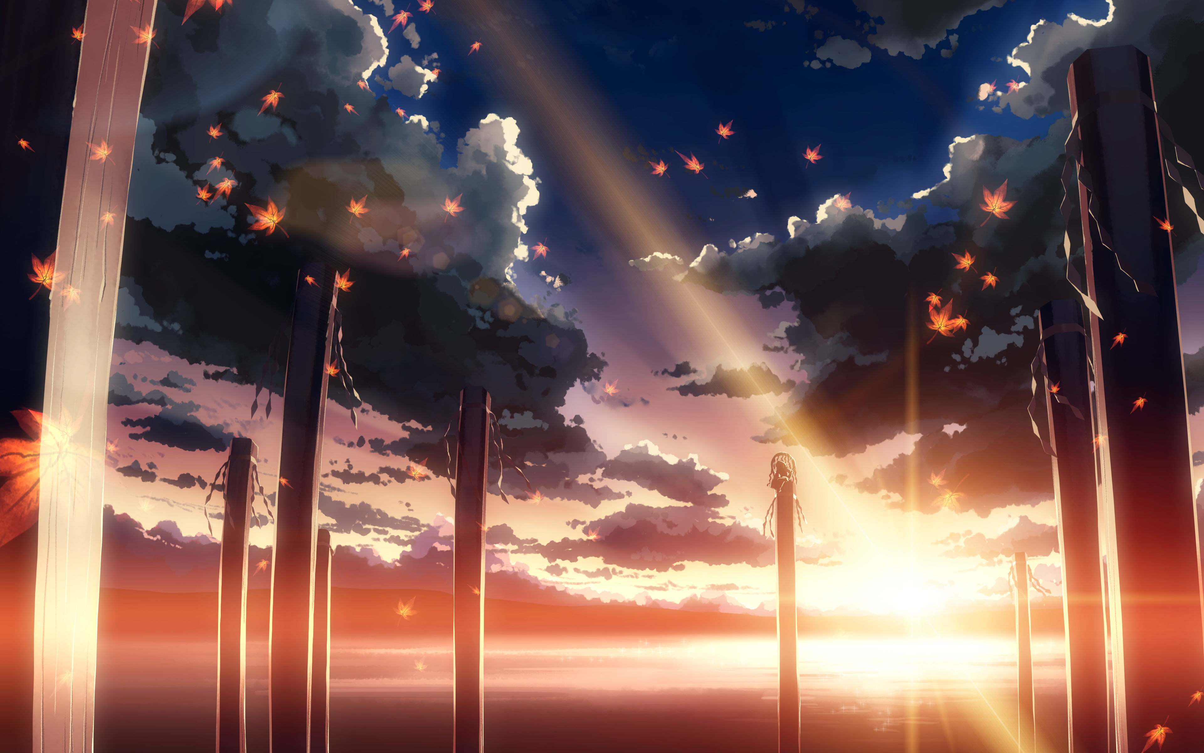 4K Anime Sunset with Falling Leaves and Pillars HD Wallpaper