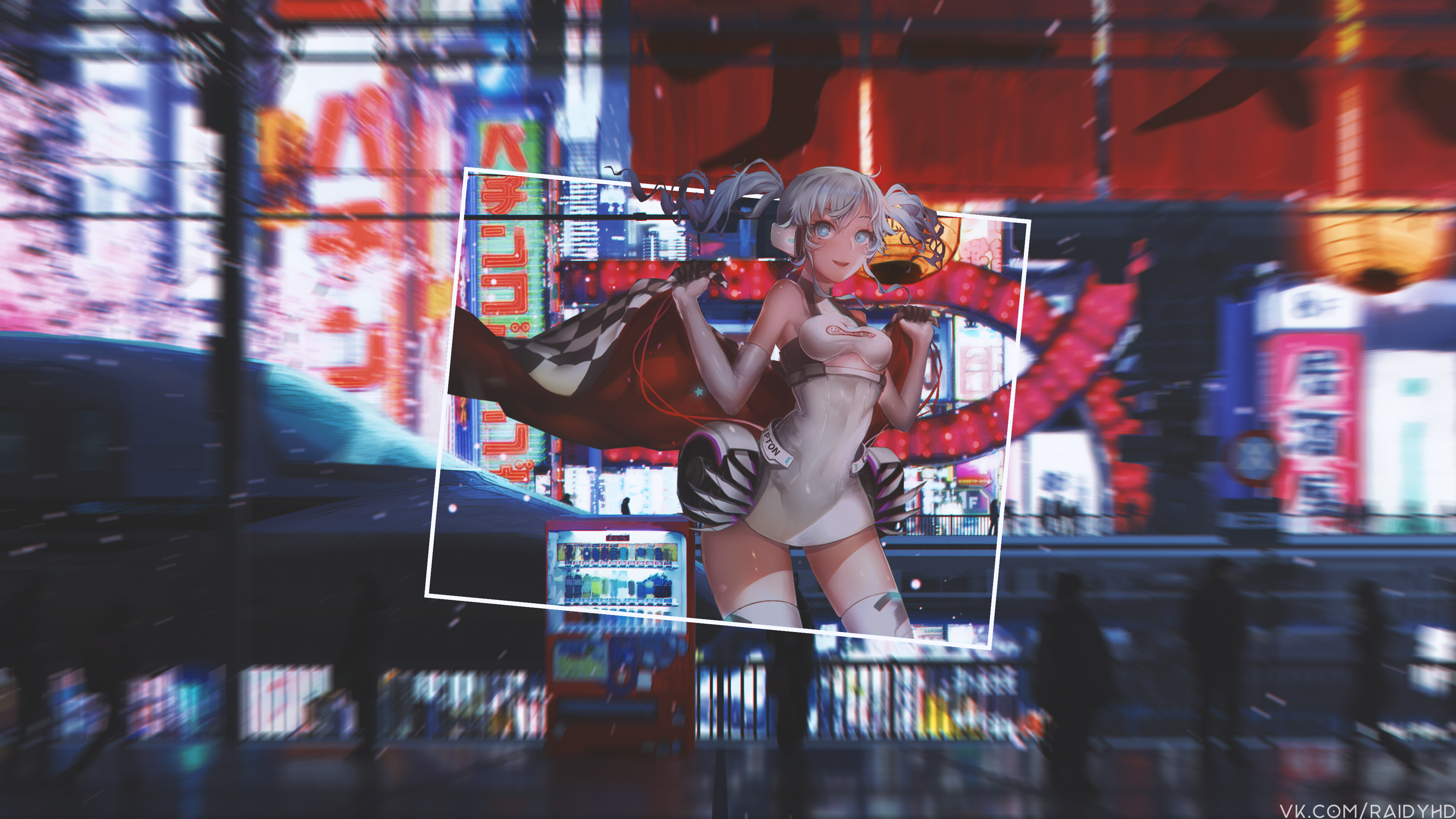 Anime girl with checkered flag in a neon city HD Wallpaper