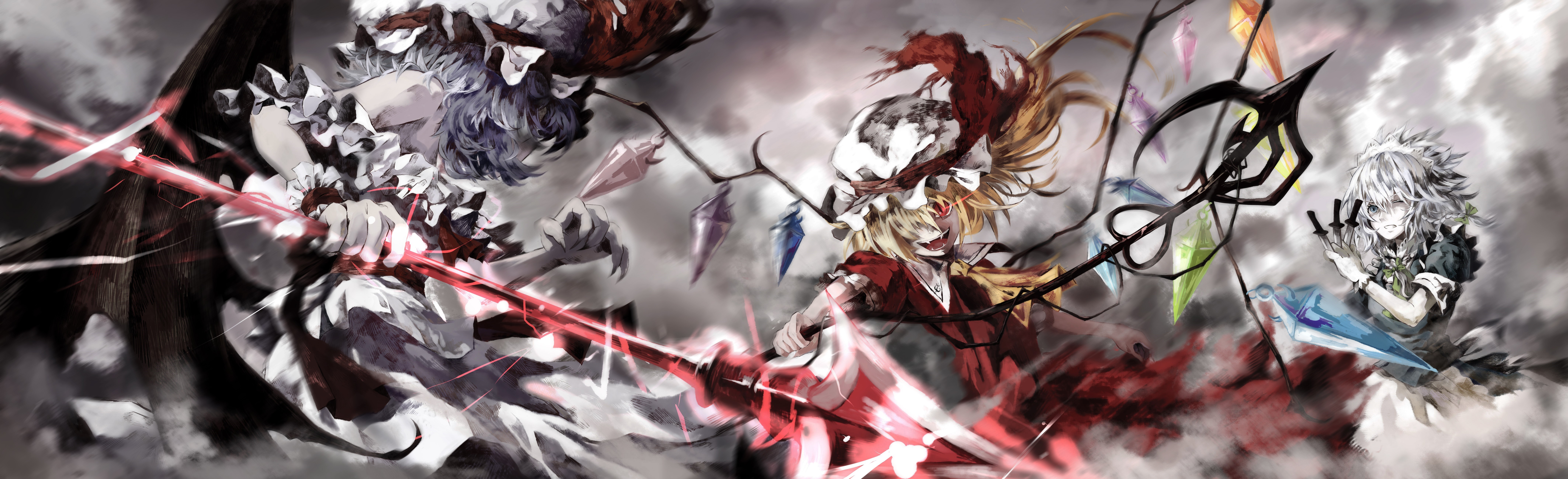 Touhou: Flandre Scarlet, Remilia Scarlet, and Izayoi Sakuya fighting HD Wallpaper