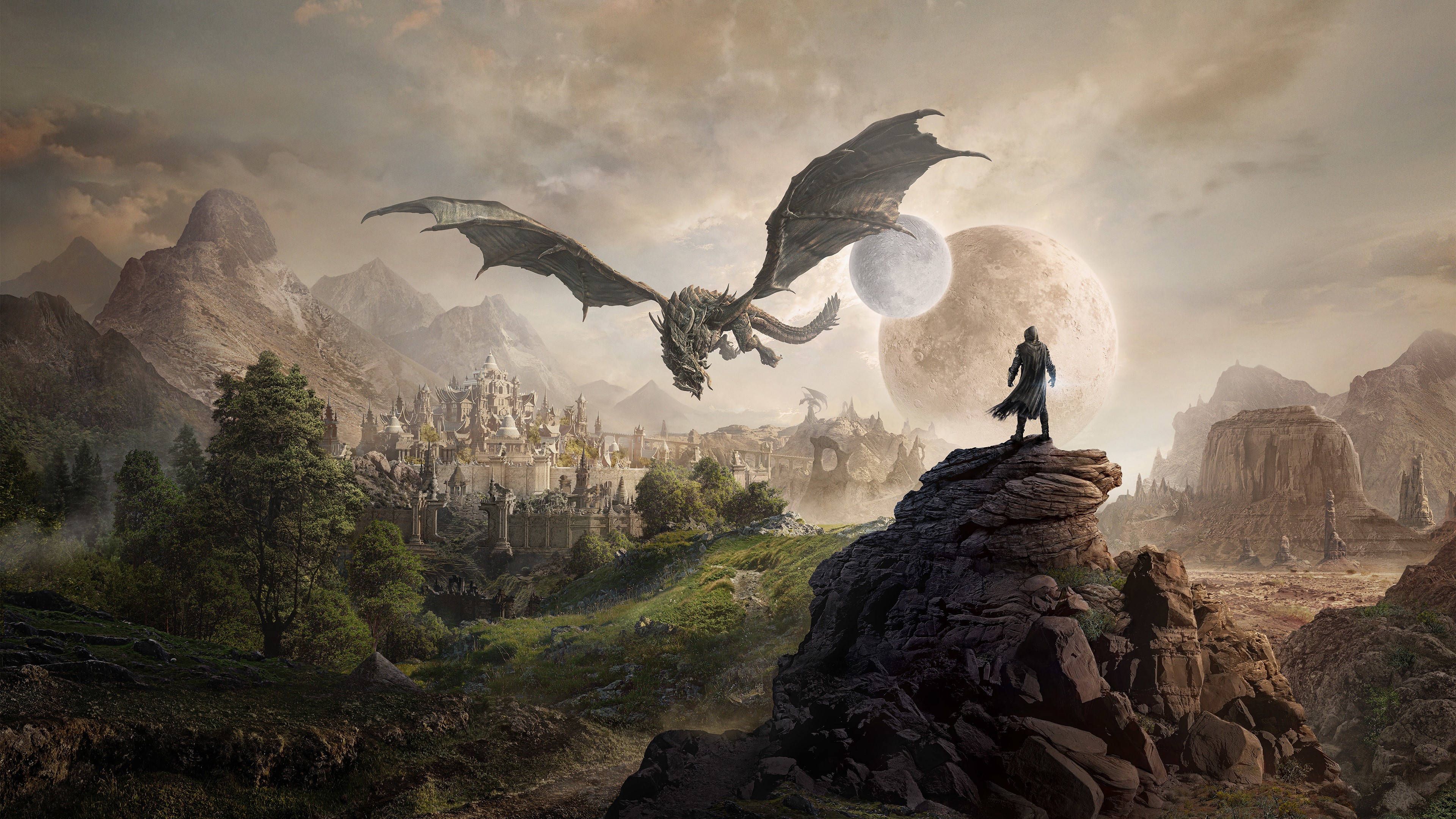 Dragon flying over a fantasy city with two moons and a man HD Wallpaper