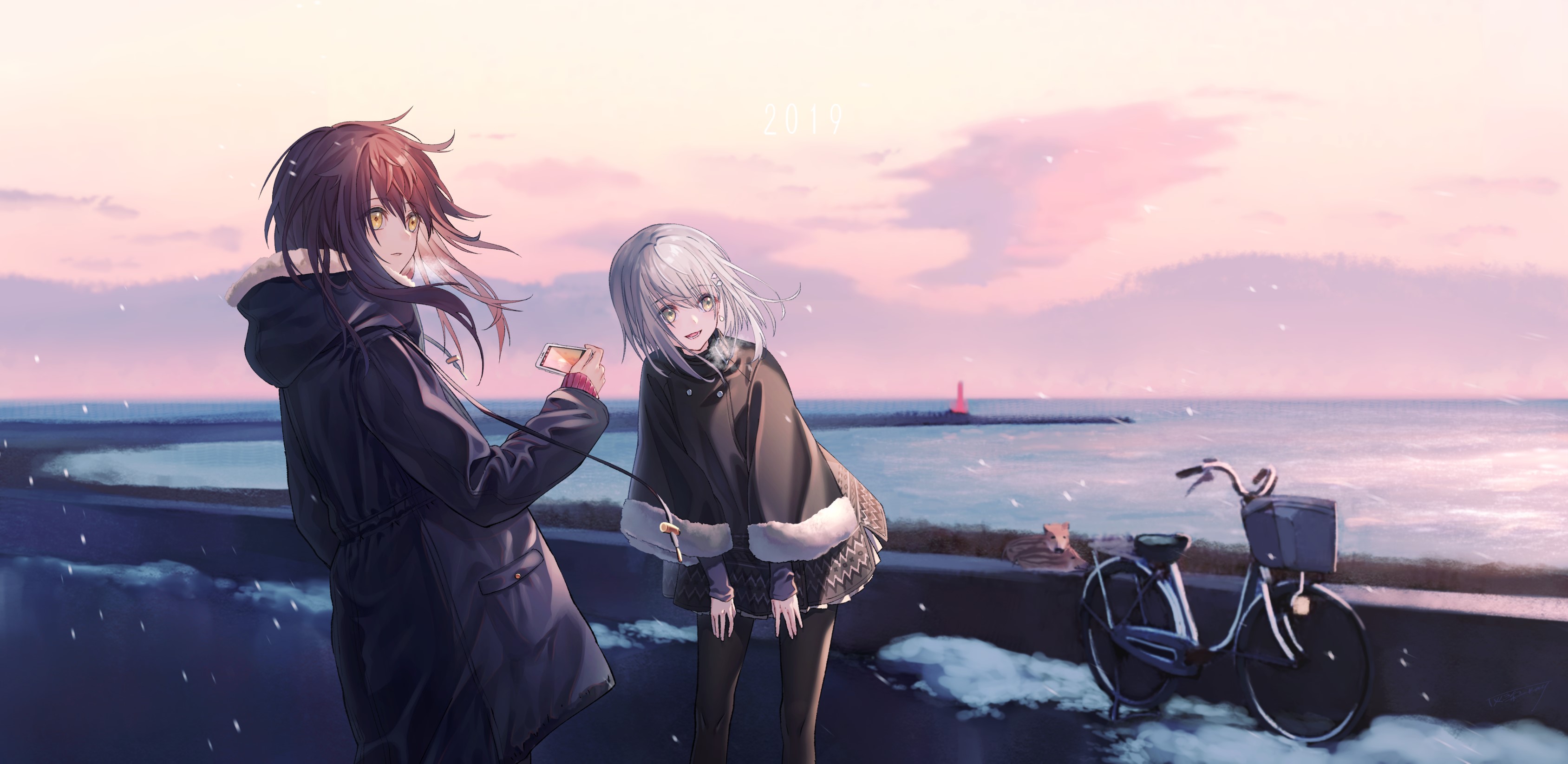 Two anime girls by the sea with a bicycle HD Wallpaper