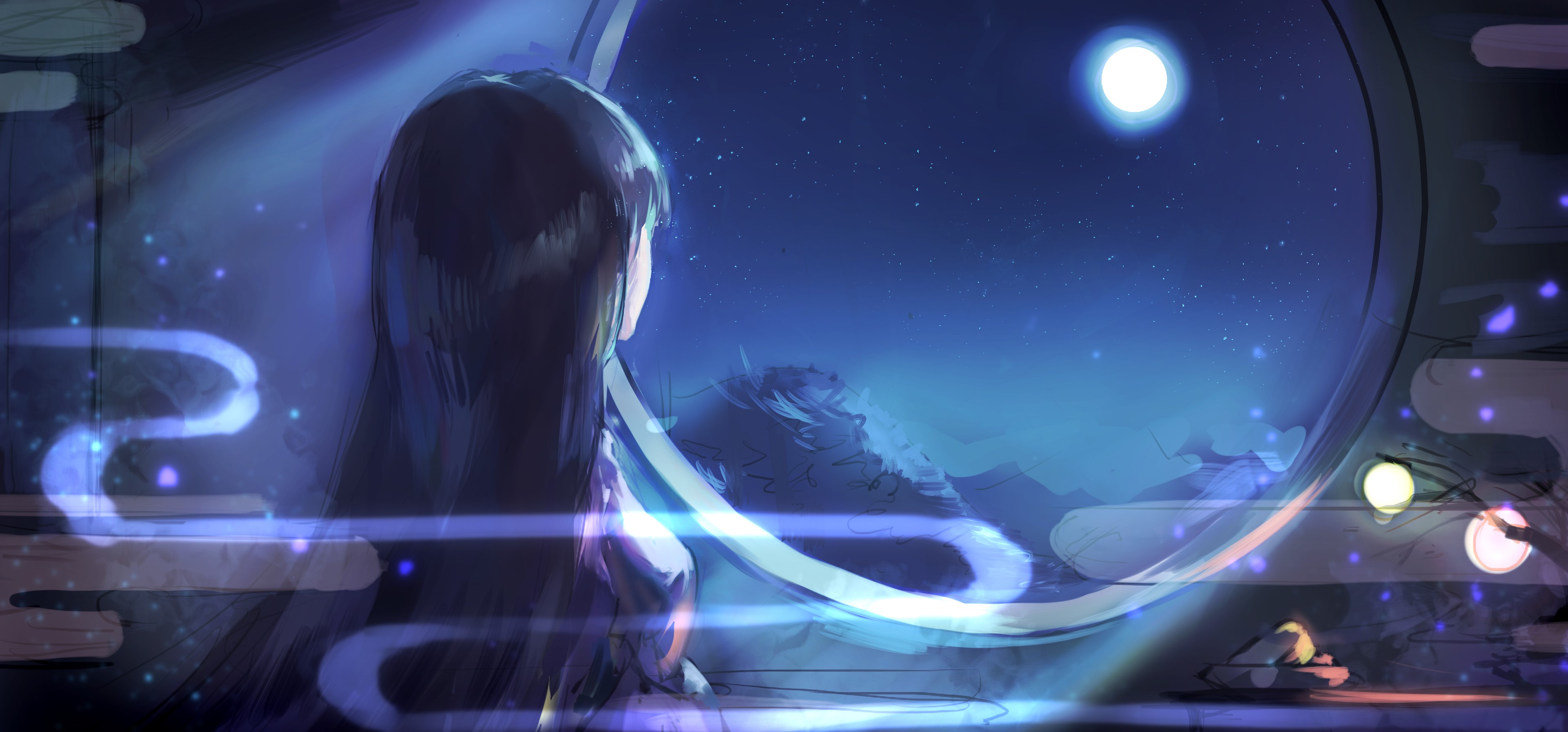 Anime girl looking at the moonlit night sky HD Wallpaper