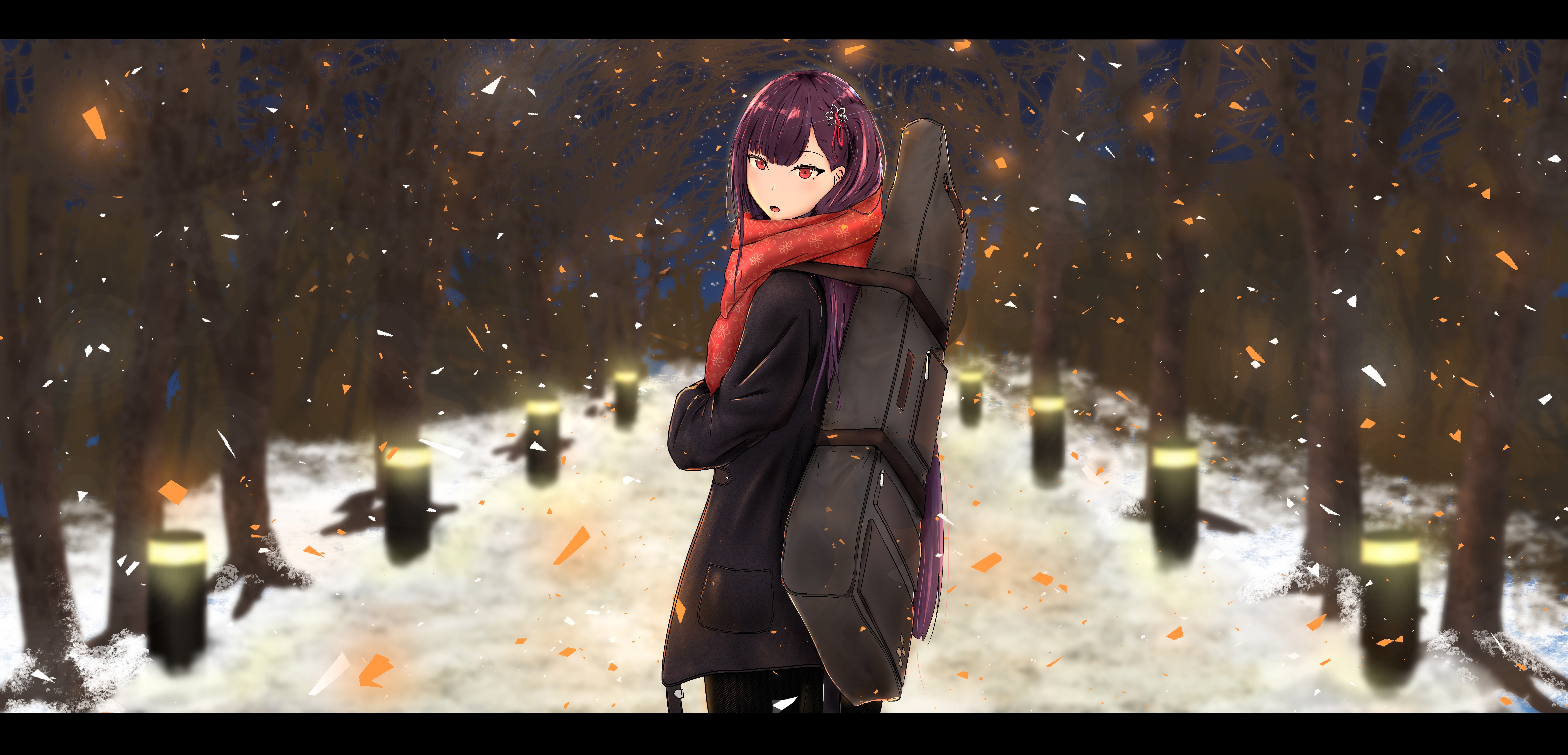 Girl with guitar case in snowy park HD Wallpaper