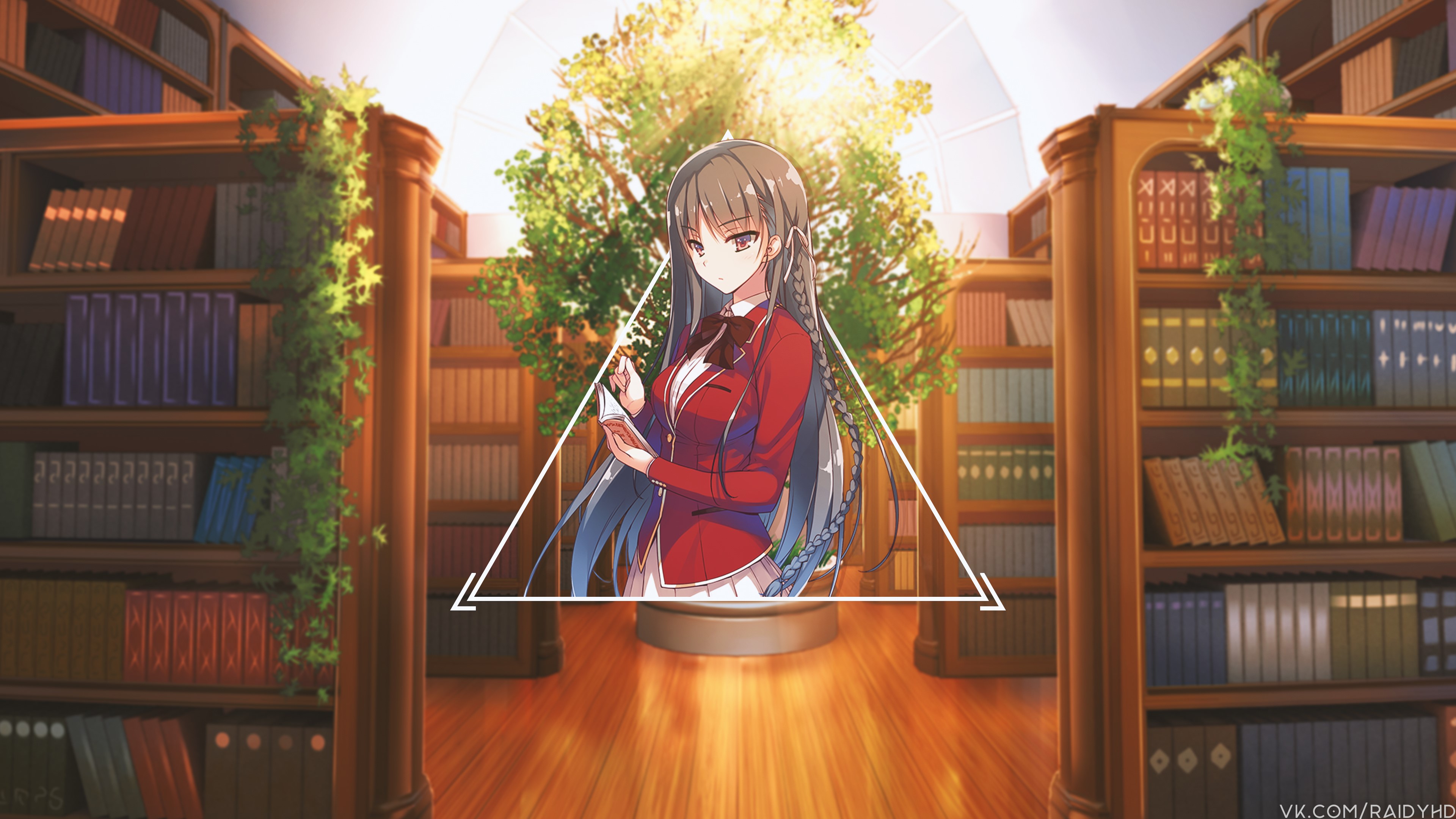 Anime girl in library with bookshelves HD Wallpaper