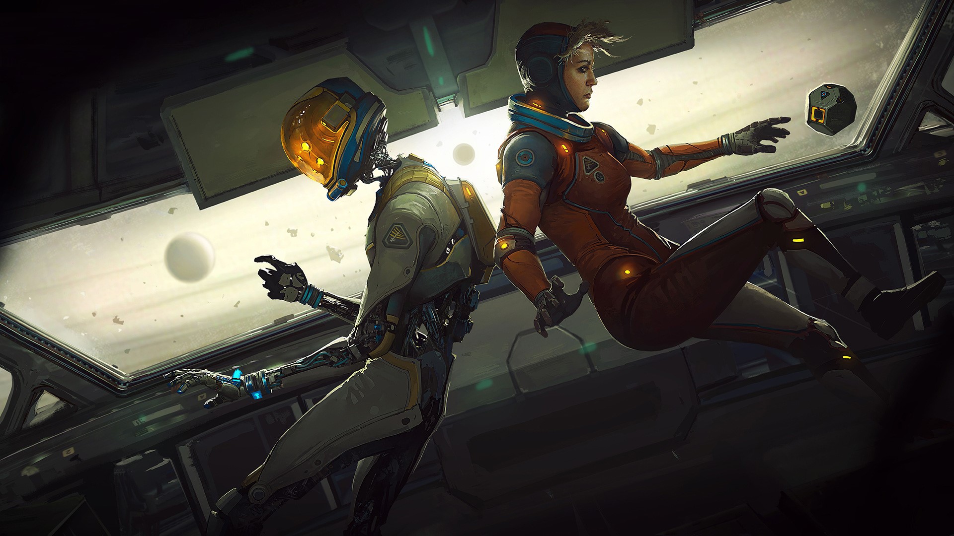 Artwork of a robot and a woman in space HD Wallpaper