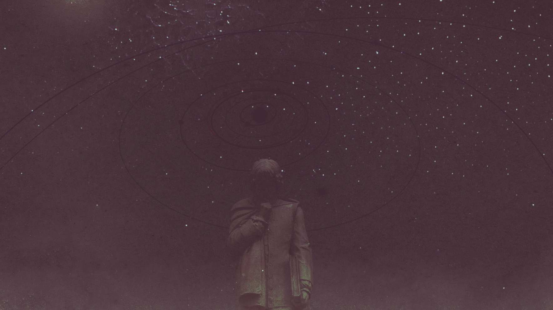 Statue of a man against a starry sky with planetary orbits HD Wallpaper