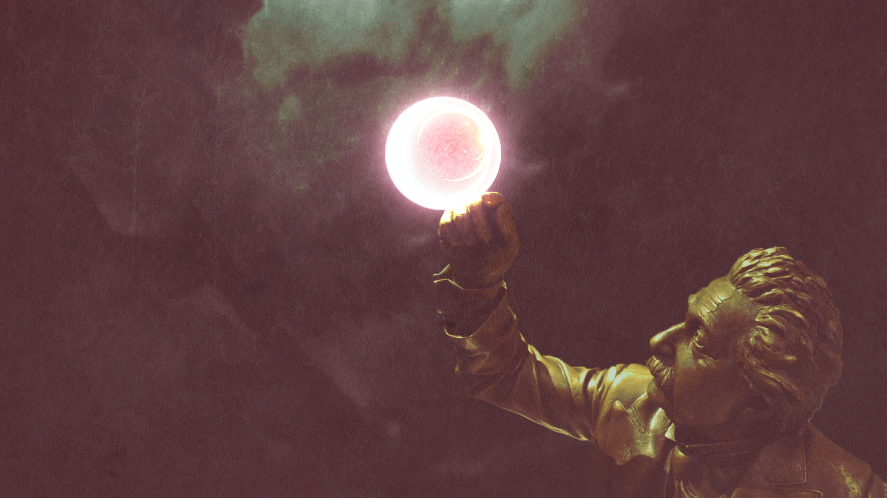 Albert Einstein statue holding a glowing sphere HD Wallpaper