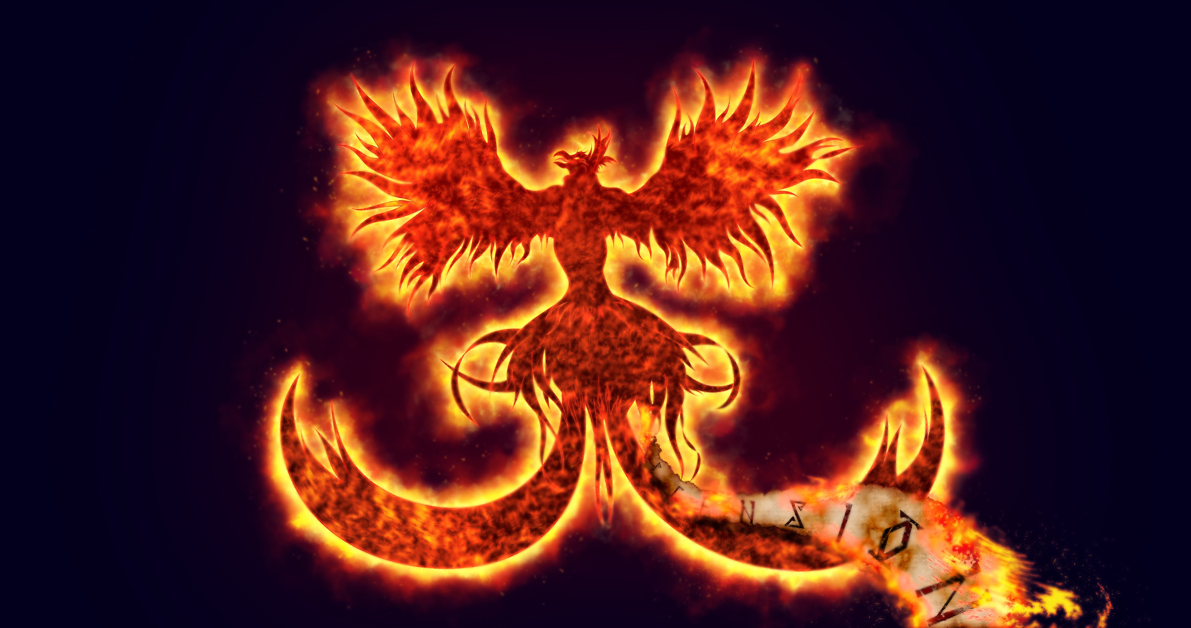 Phoenix made of fire with runes HD Wallpaper