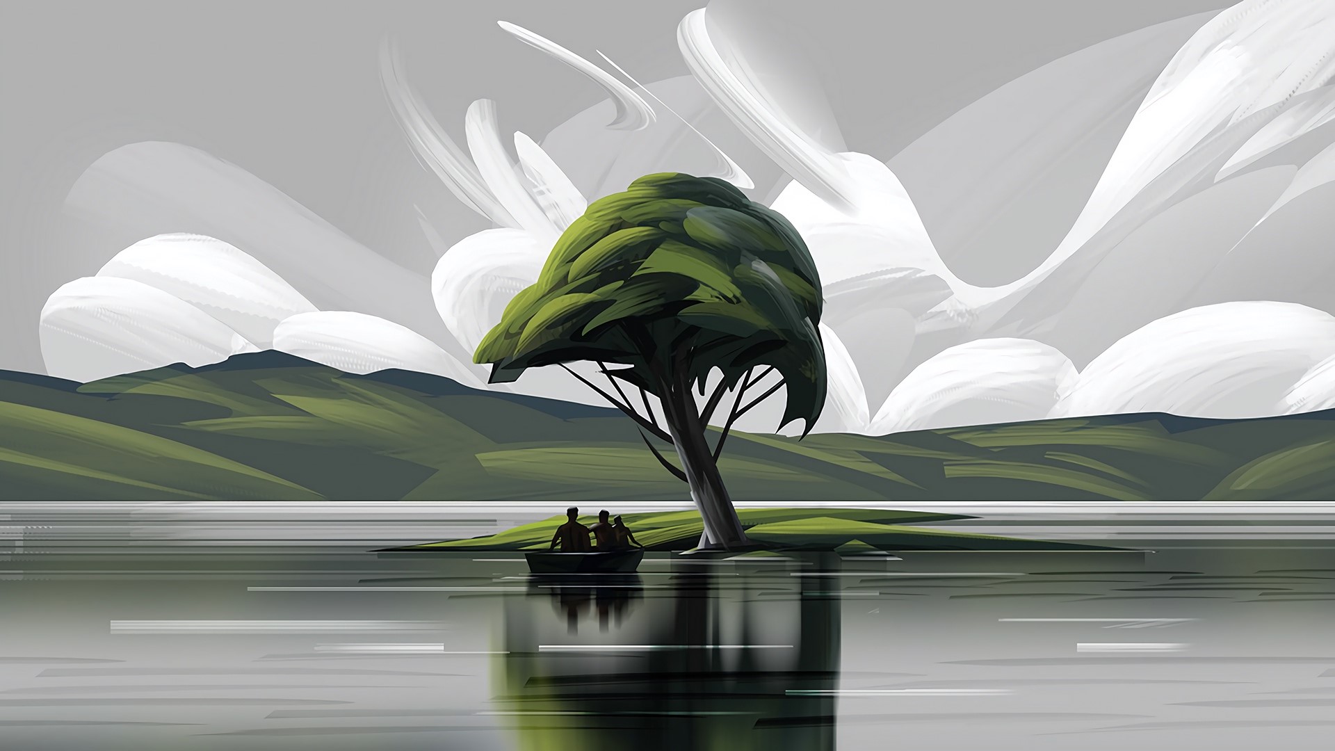 Painting of a boat with people under a tree on a lake HD Wallpaper