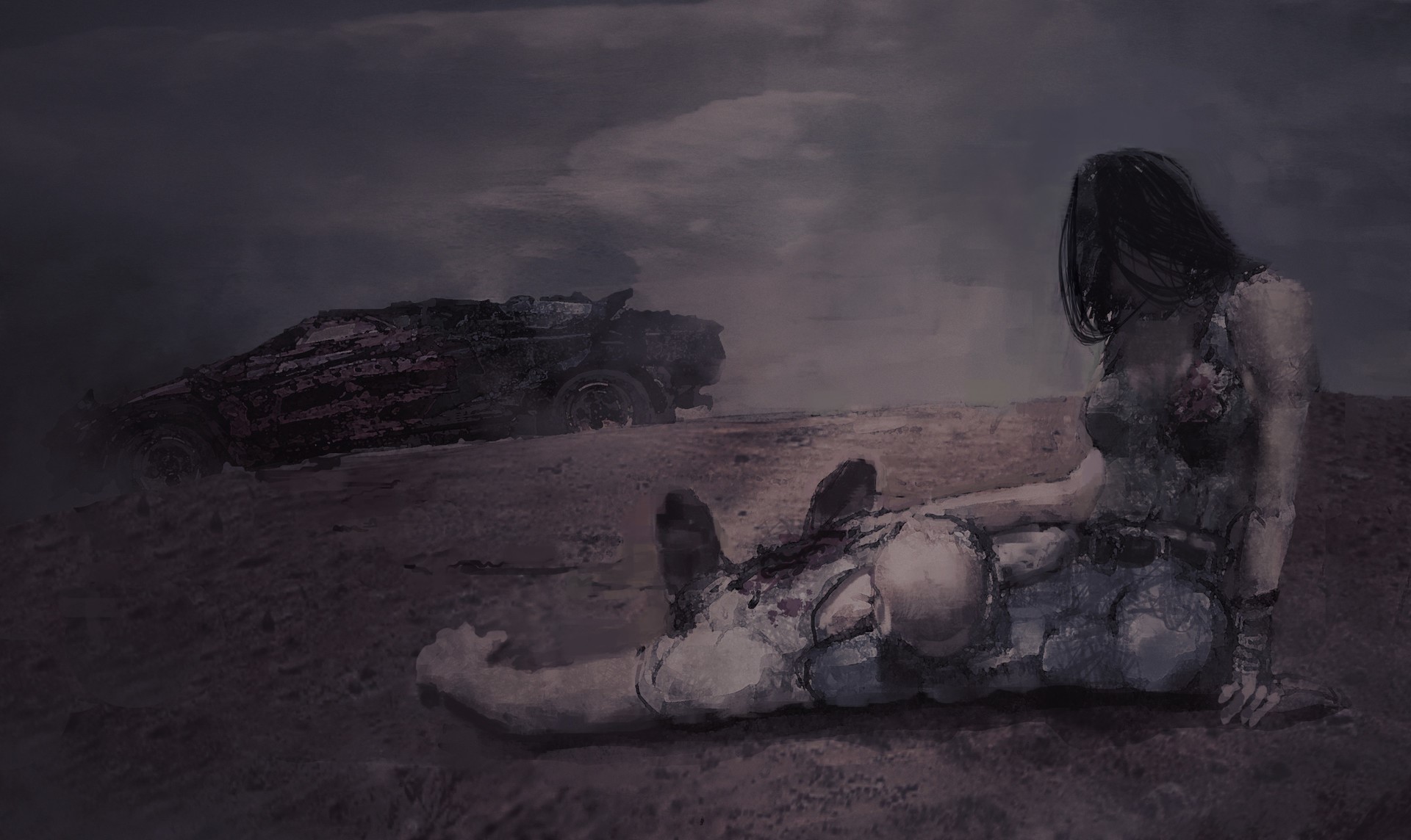 Artwork of a woman and a man near a wrecked car HD Wallpaper