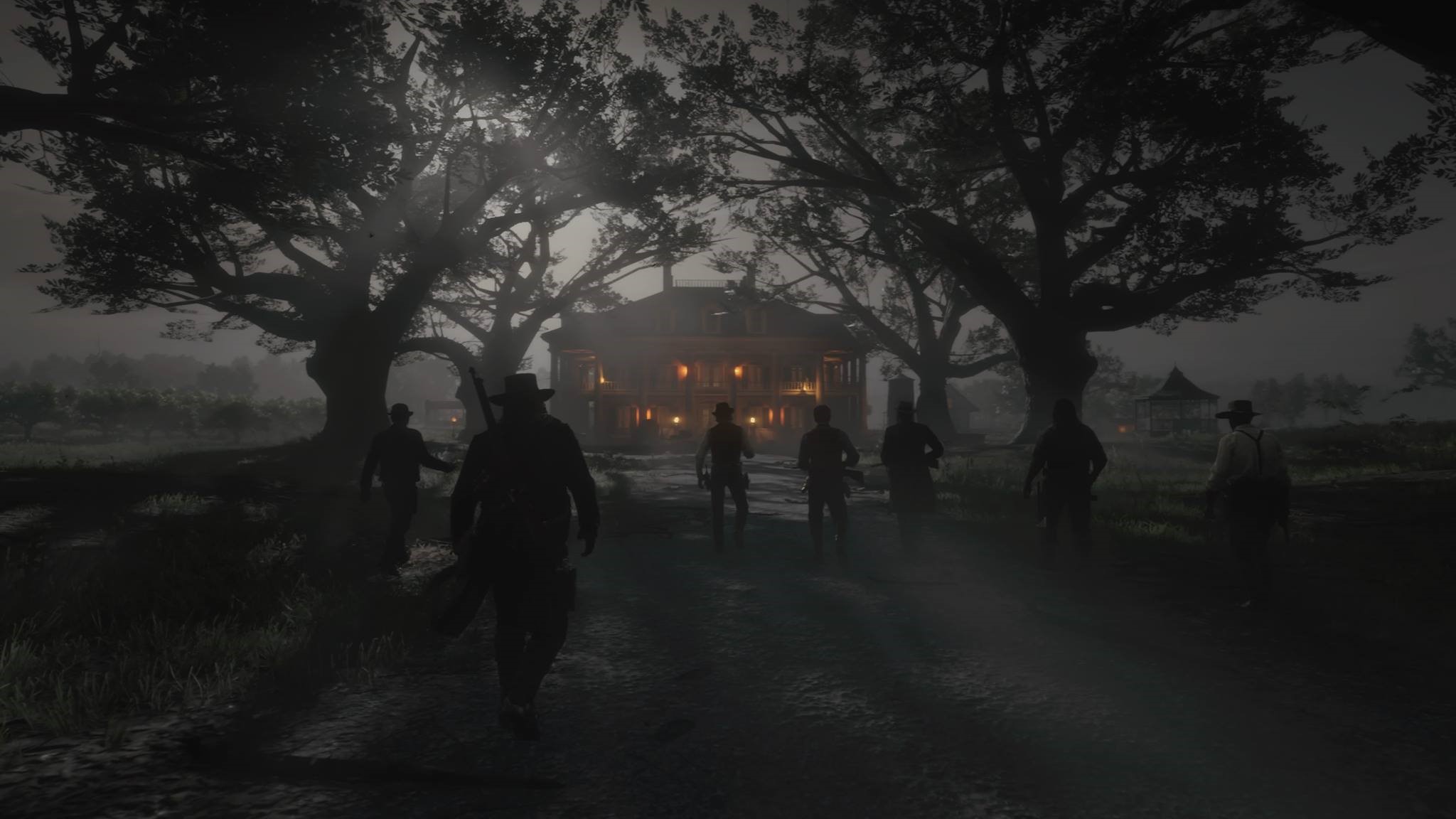 Arthur Morgan and companions approach a mansion in Red Dead Redemption 2 HD Wallpaper