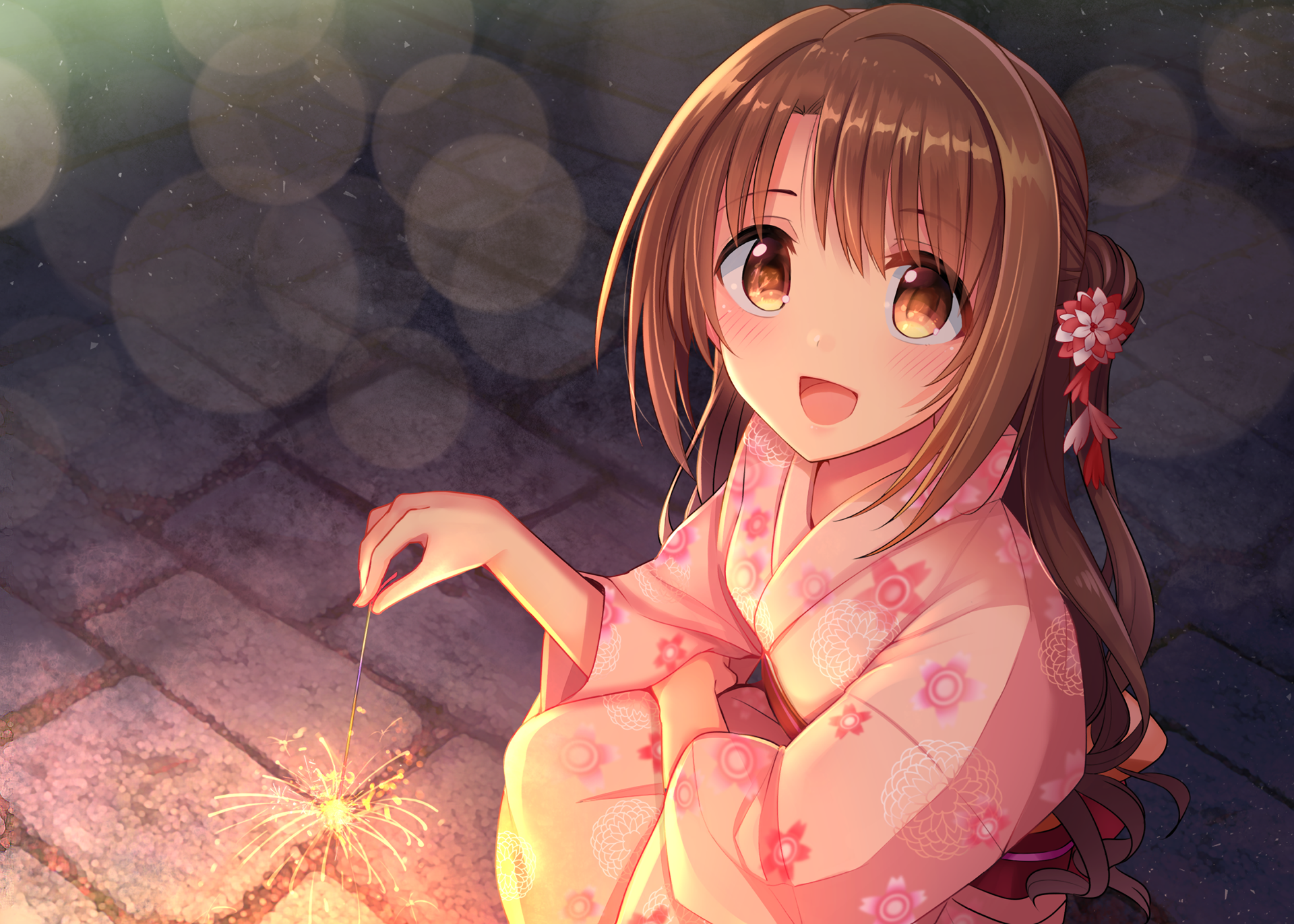 Anime girl in kimono holding a sparkler HD Wallpaper