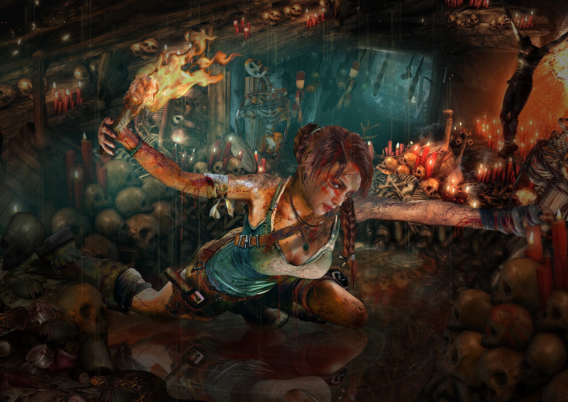 Lara Croft from Tomb Raider holding a torch in a dark cave HD Wallpaper
