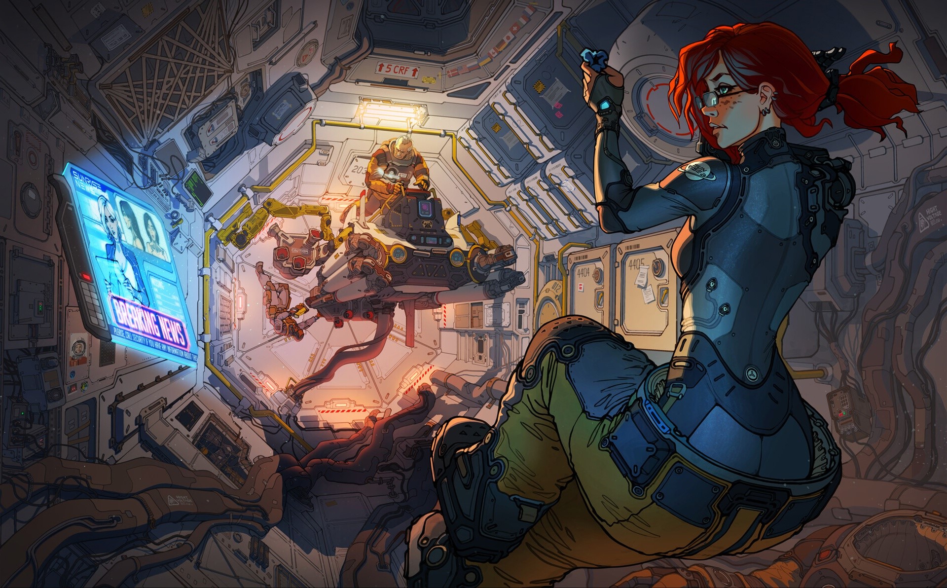 Anime girl in a spaceship with a news screen HD Wallpaper