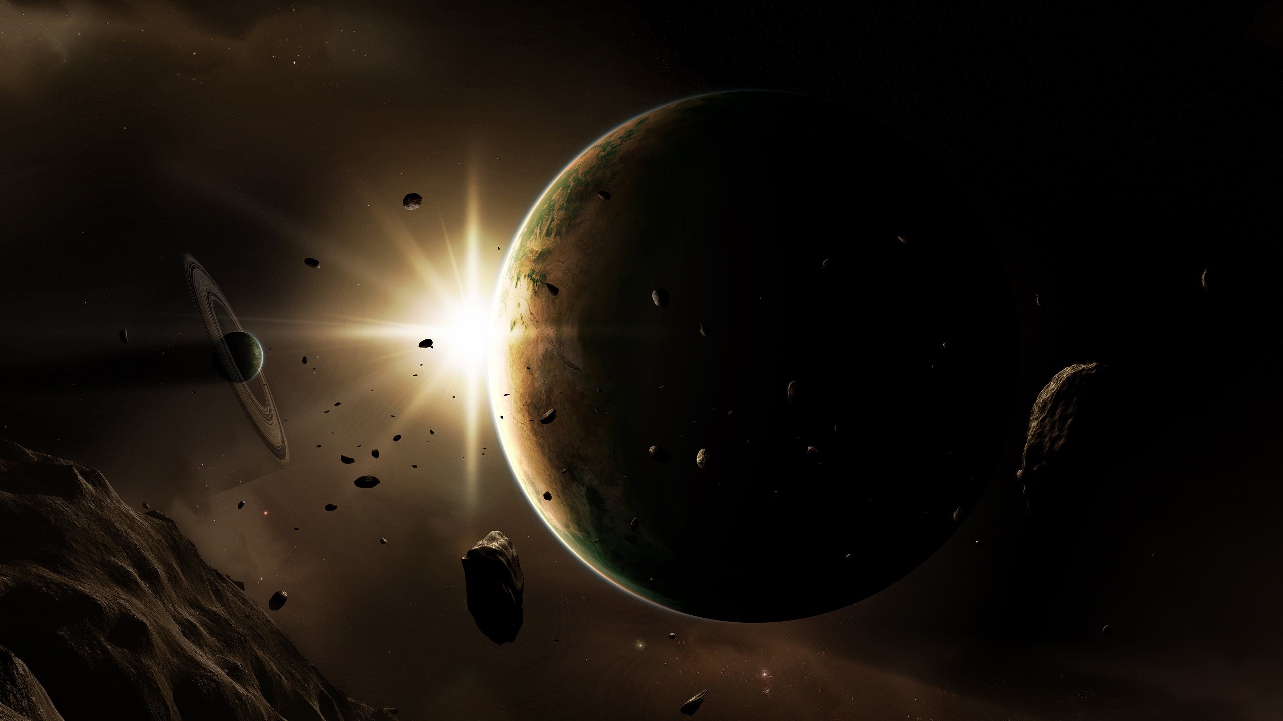 Digital art of planets and asteroids in space HD Wallpaper