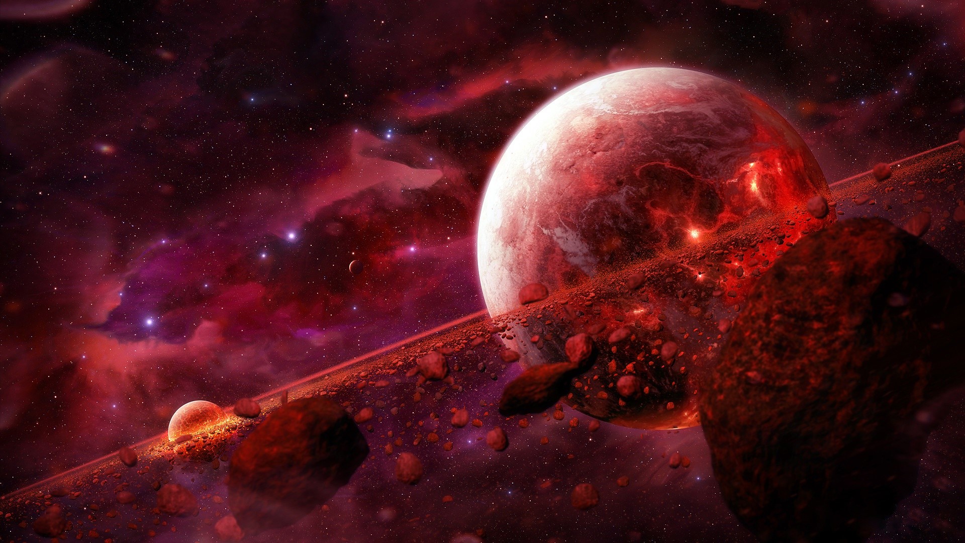 Red planet with rings and asteroids in space HD Wallpaper