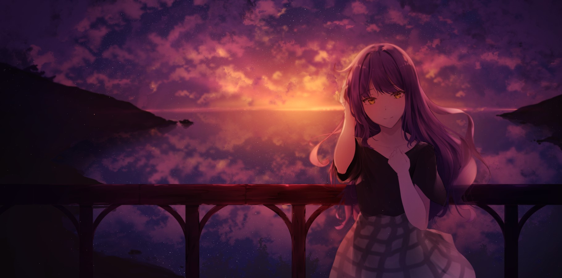 Anime girl on a balcony overlooking the sea at sunset HD Wallpaper