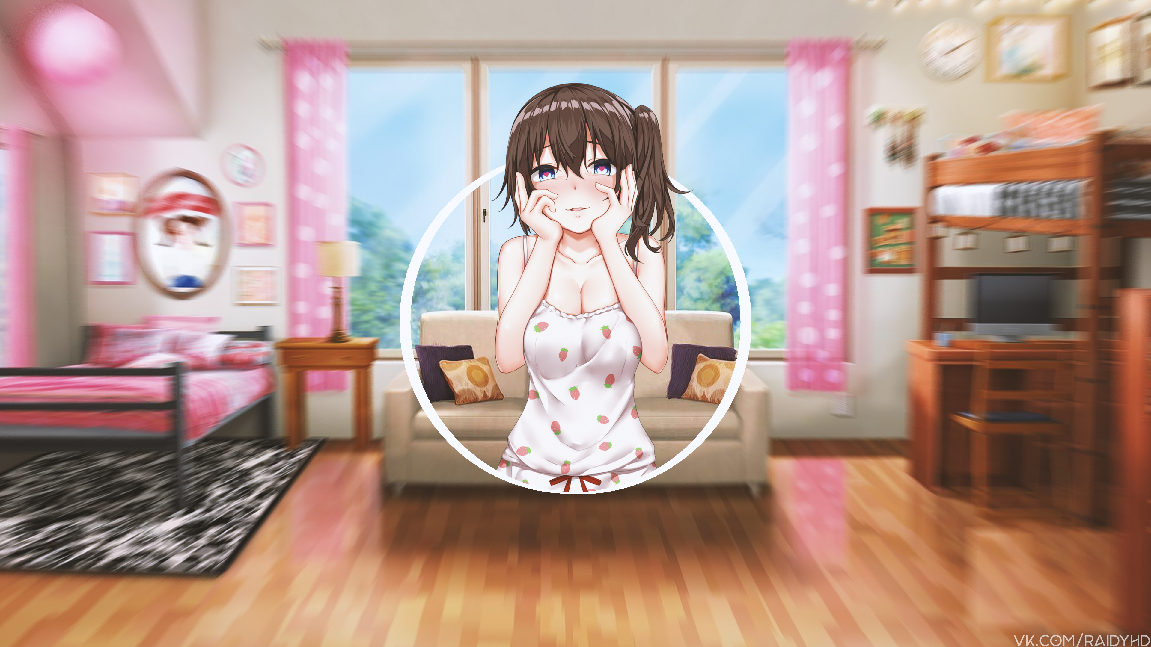 Anime girl in strawberry pajamas in a room HD Wallpaper