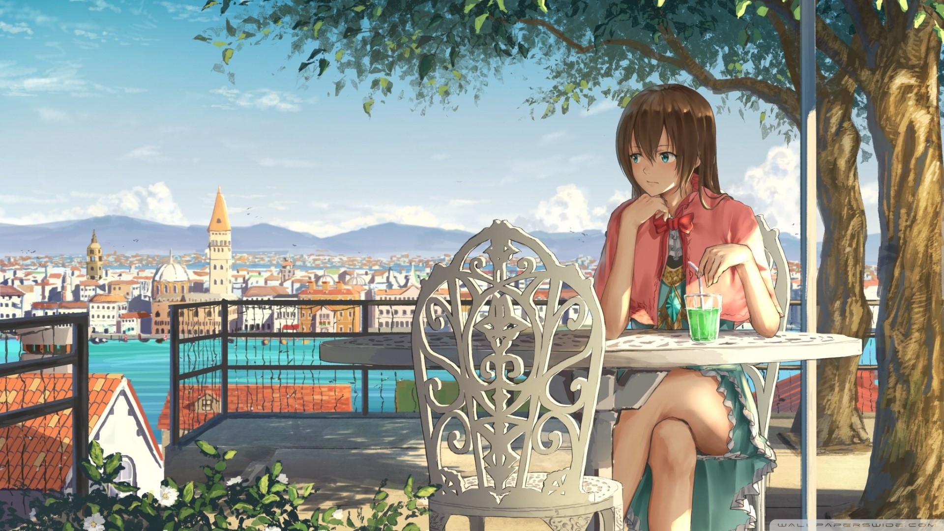 Anime girl at a cafe overlooking a city HD Wallpaper