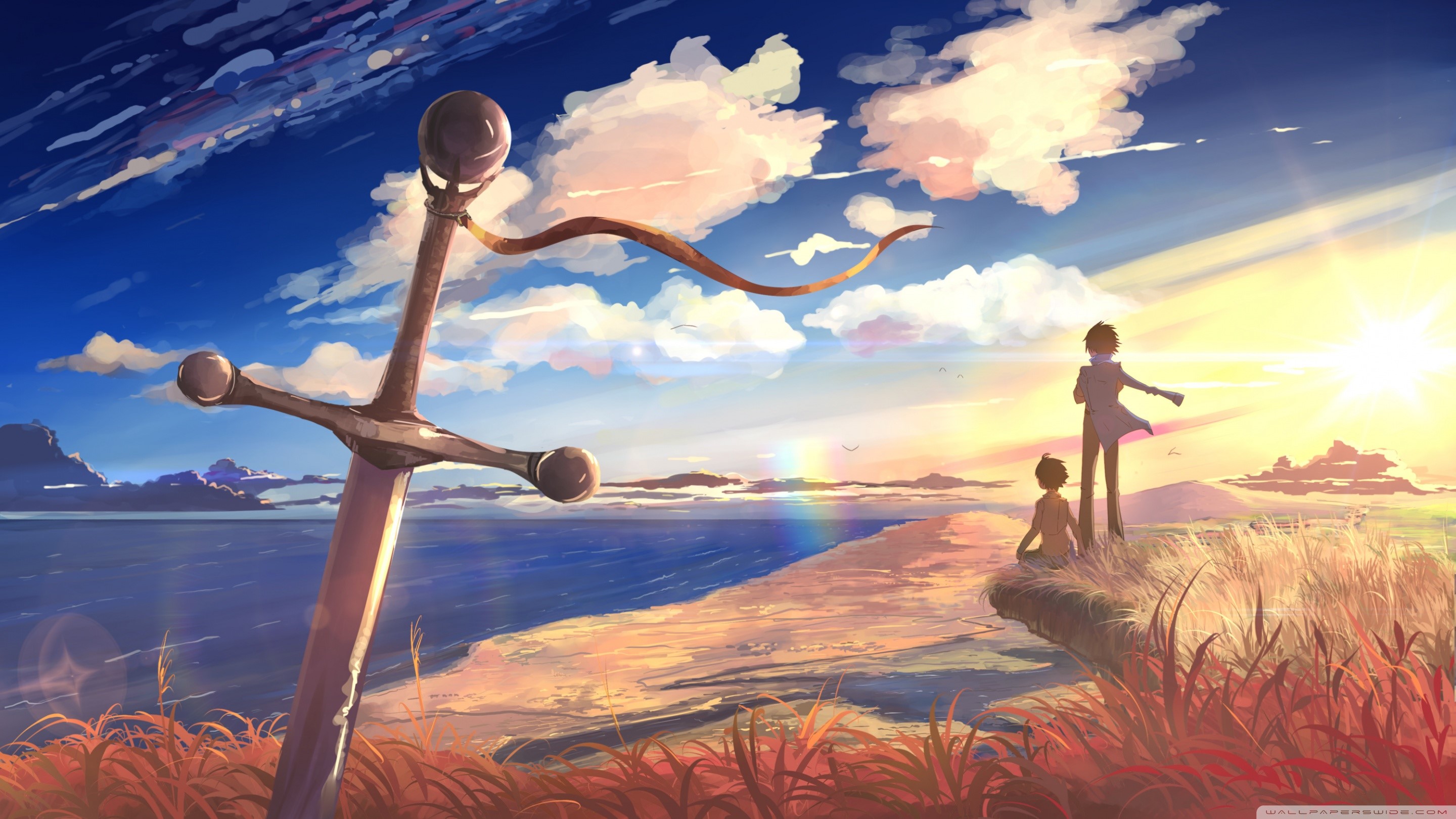Anime boys with sword on beach at sunset HD Wallpaper