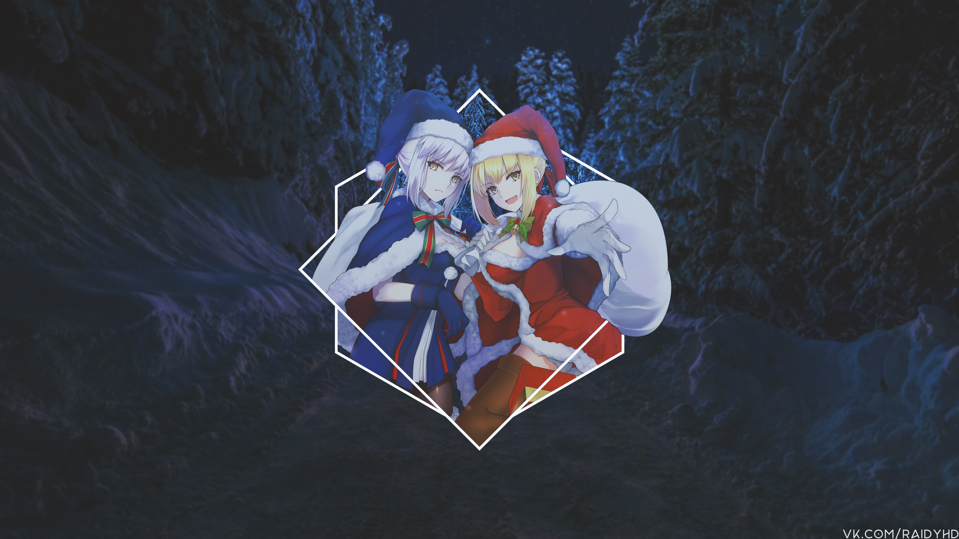 Anime girls in Christmas outfits in a forest HD Wallpaper