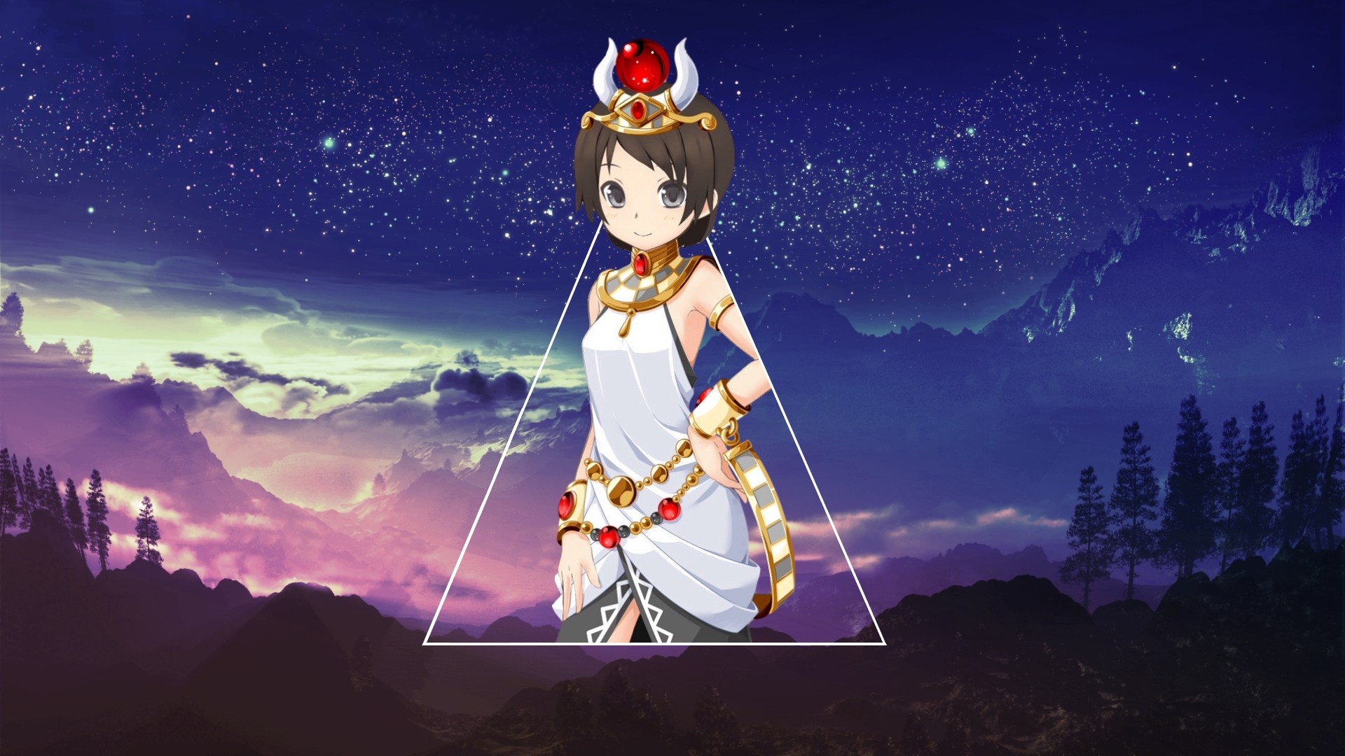 Anime girl with Egyptian-style crown against starry sky HD Wallpaper