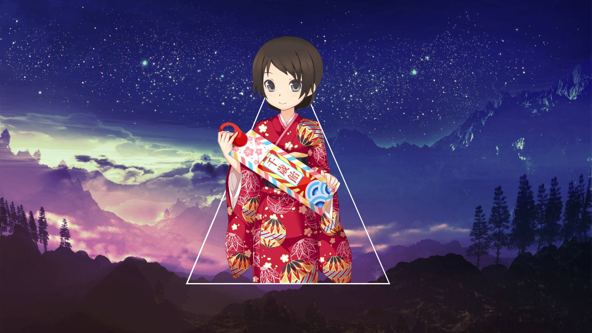 Girl in Kimono Holding a Scroll Under a Starry Sky HD Wallpaper