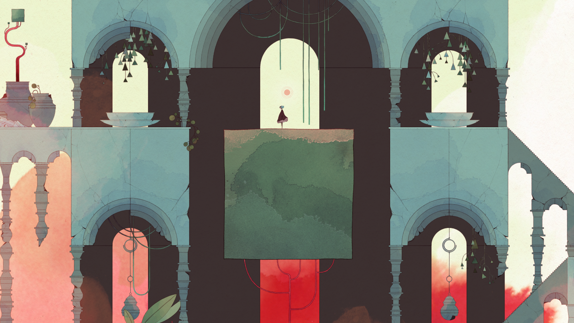 Gris: A girl stands on a platform in a ruined temple HD Wallpaper