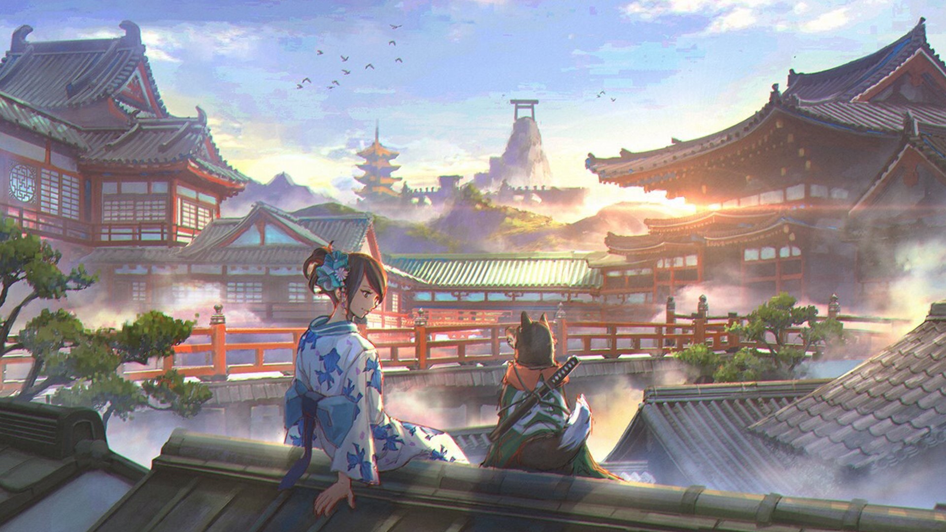 Anime girl and dog in traditional Japanese village HD Wallpaper