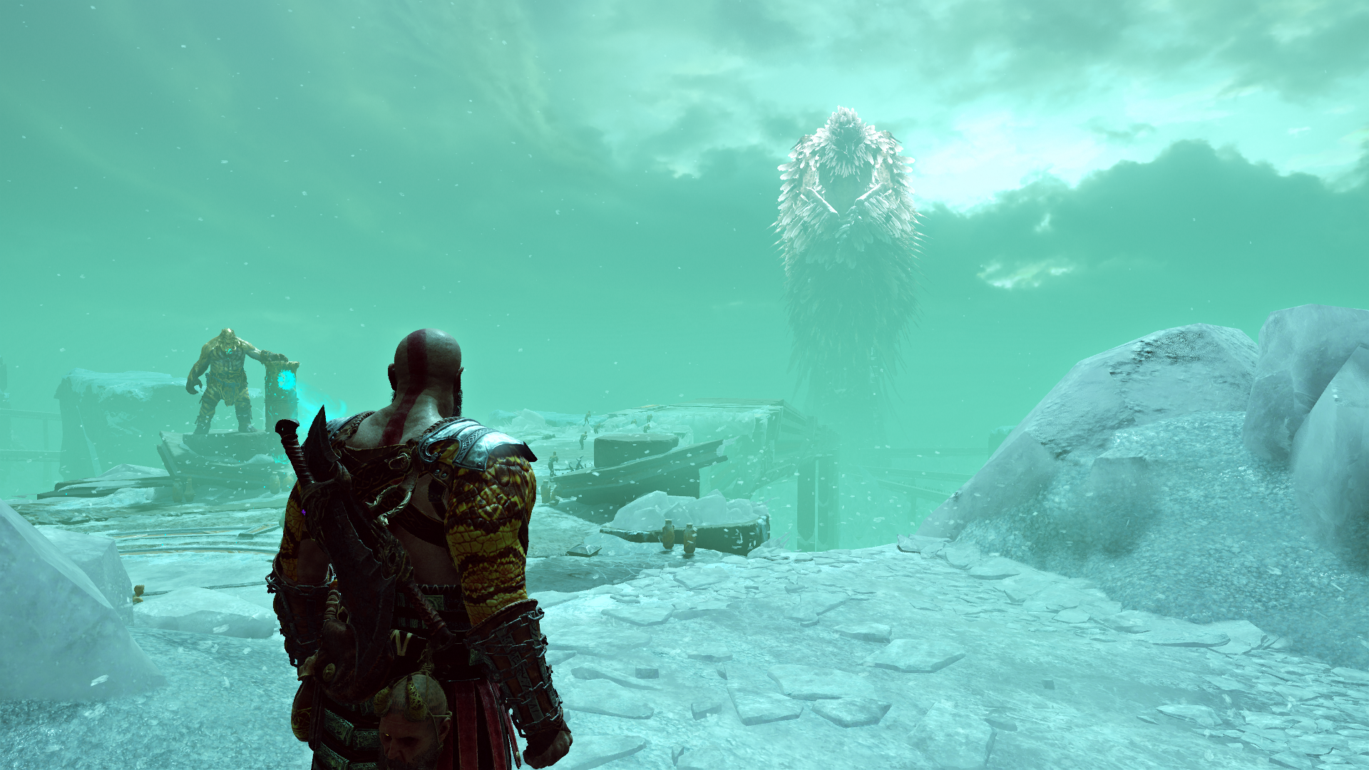 Kratos in God of War facing a giant creature and a troll HD Wallpaper