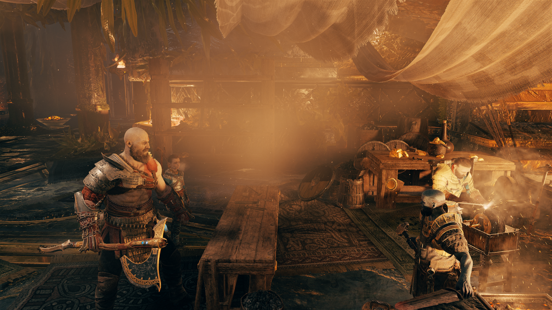 Kratos from God of War in a workshop HD Wallpaper