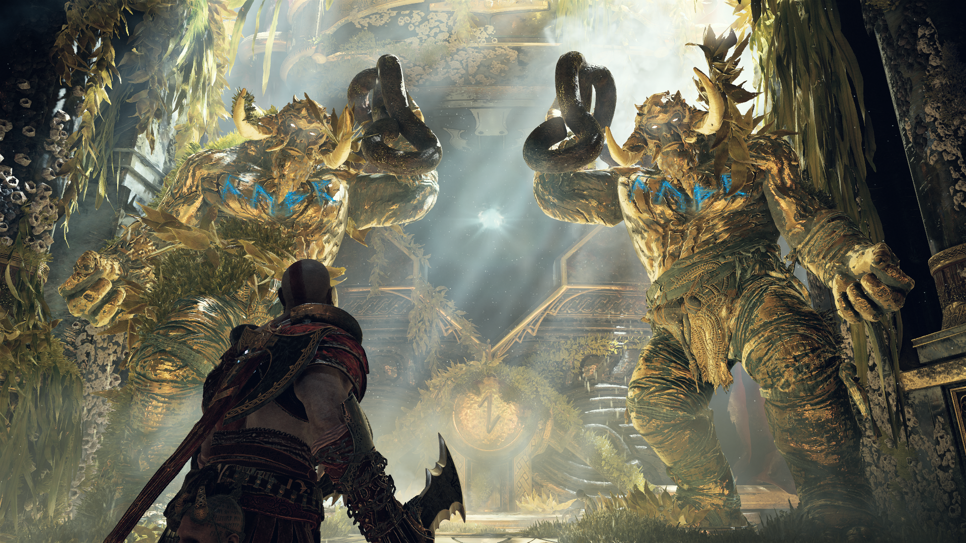 Kratos from God of War facing two stone giants HD Wallpaper