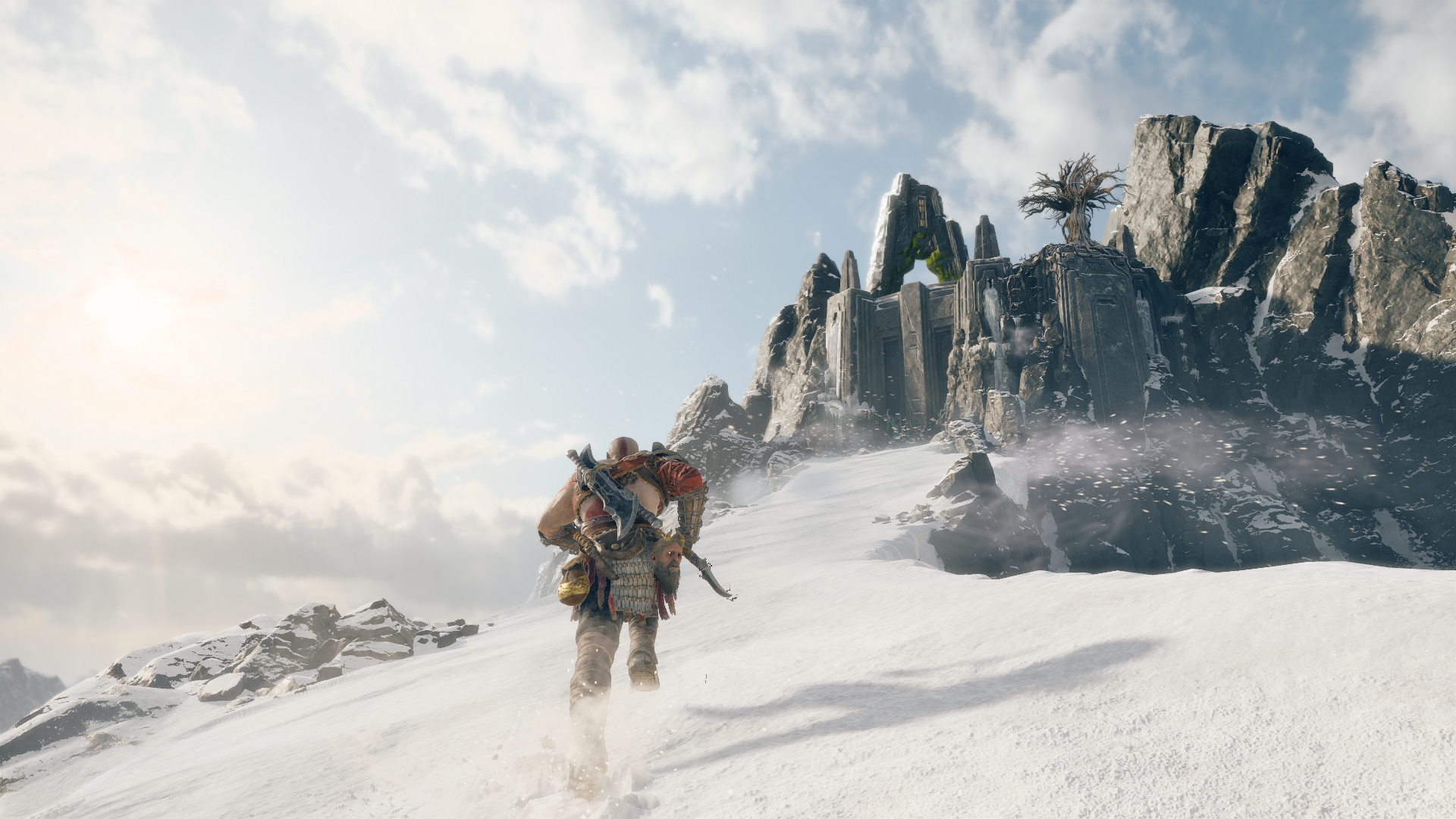 Kratos from God of War running up a snowy mountain HD Wallpaper
