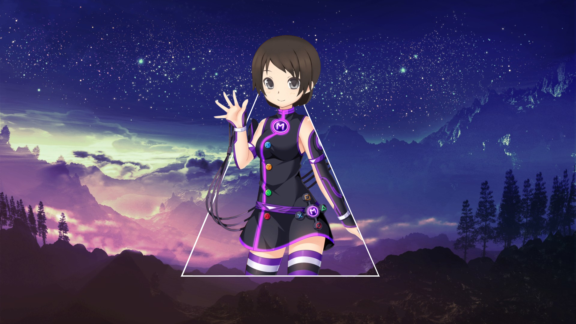Anime girl with short brown hair in a black and purple outfit HD Wallpaper