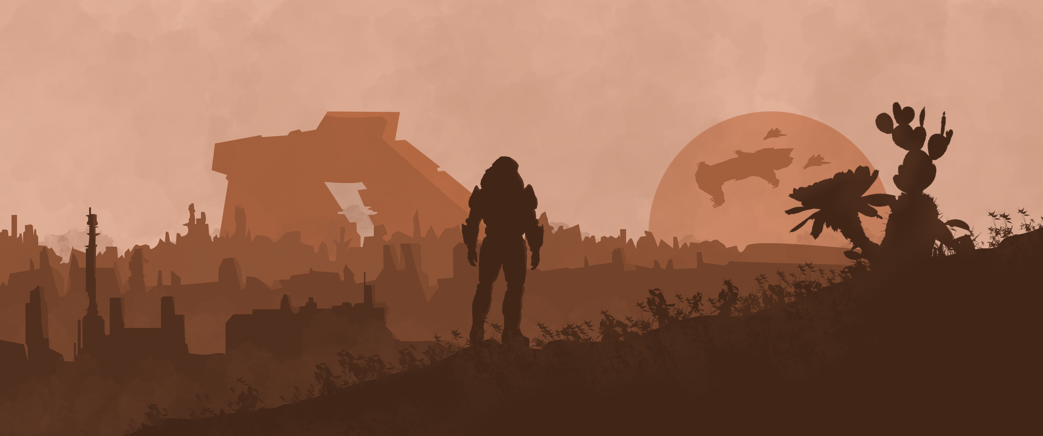 Master Chief in a desolate alien landscape HD Wallpaper
