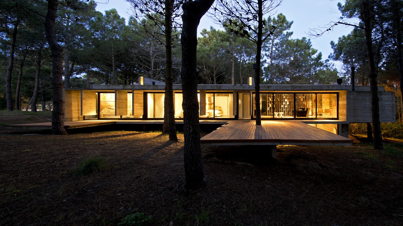 Modern concrete house with glass walls in a forest HD Wallpaper